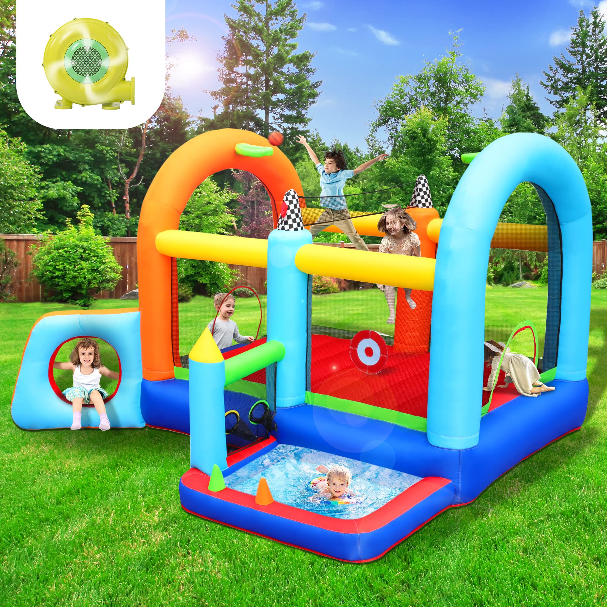 Merax 8-in-1 Inflatable Bounce House with Blower for 2-12 yrs Kids,Toddlers, Extra Thick Big Play Zone with Kid Pool, Basketball, Tunnels, Holds 3-4 Kids Outdoor Backyard Indoor Ideal Gifts