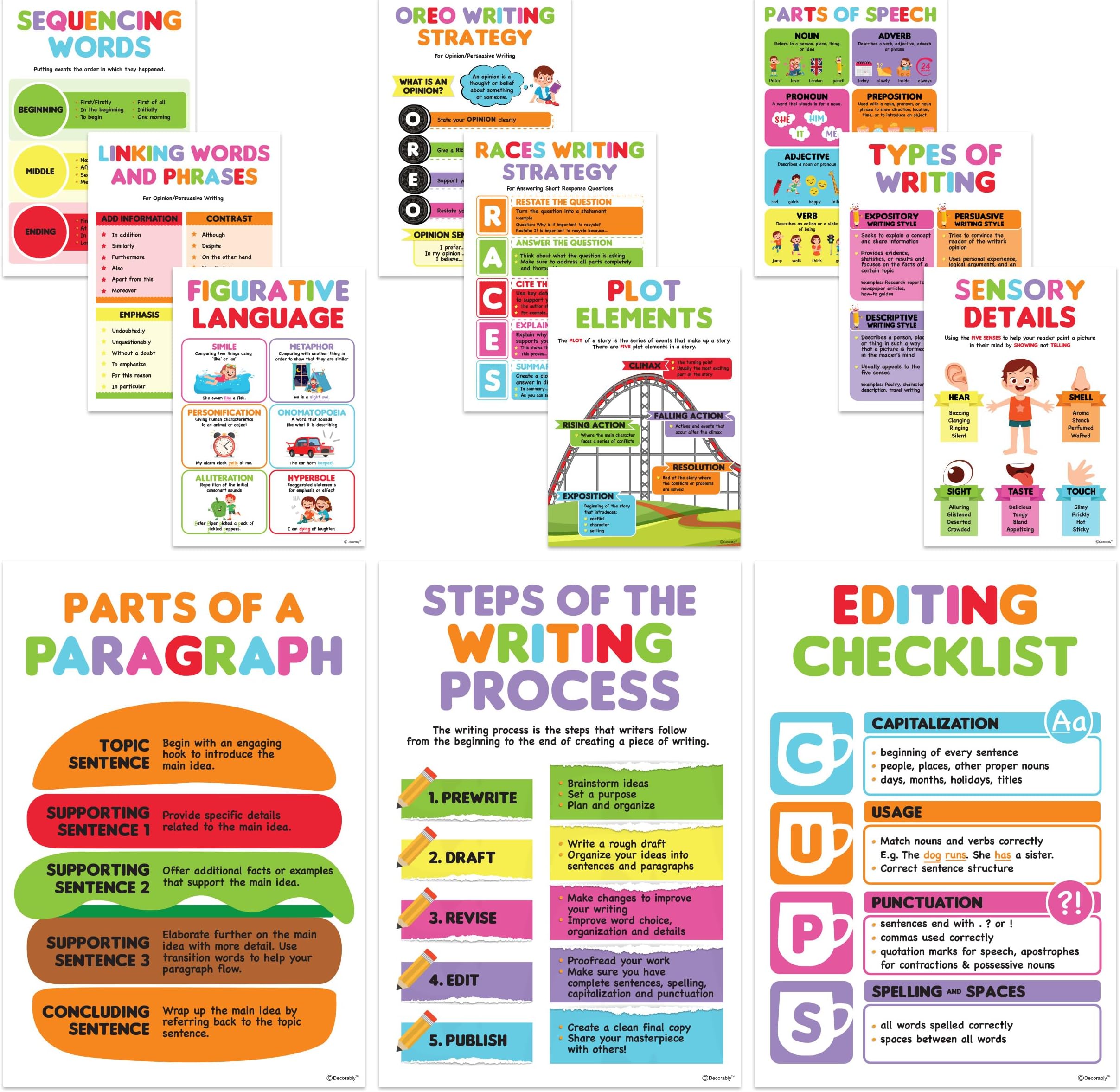 Decorably 12 Writing Posters for Classroom Middle School and Elementary, 11x16in Educational, Matte-Laminated for Hallways, Bulletin Boards, Home Study Room