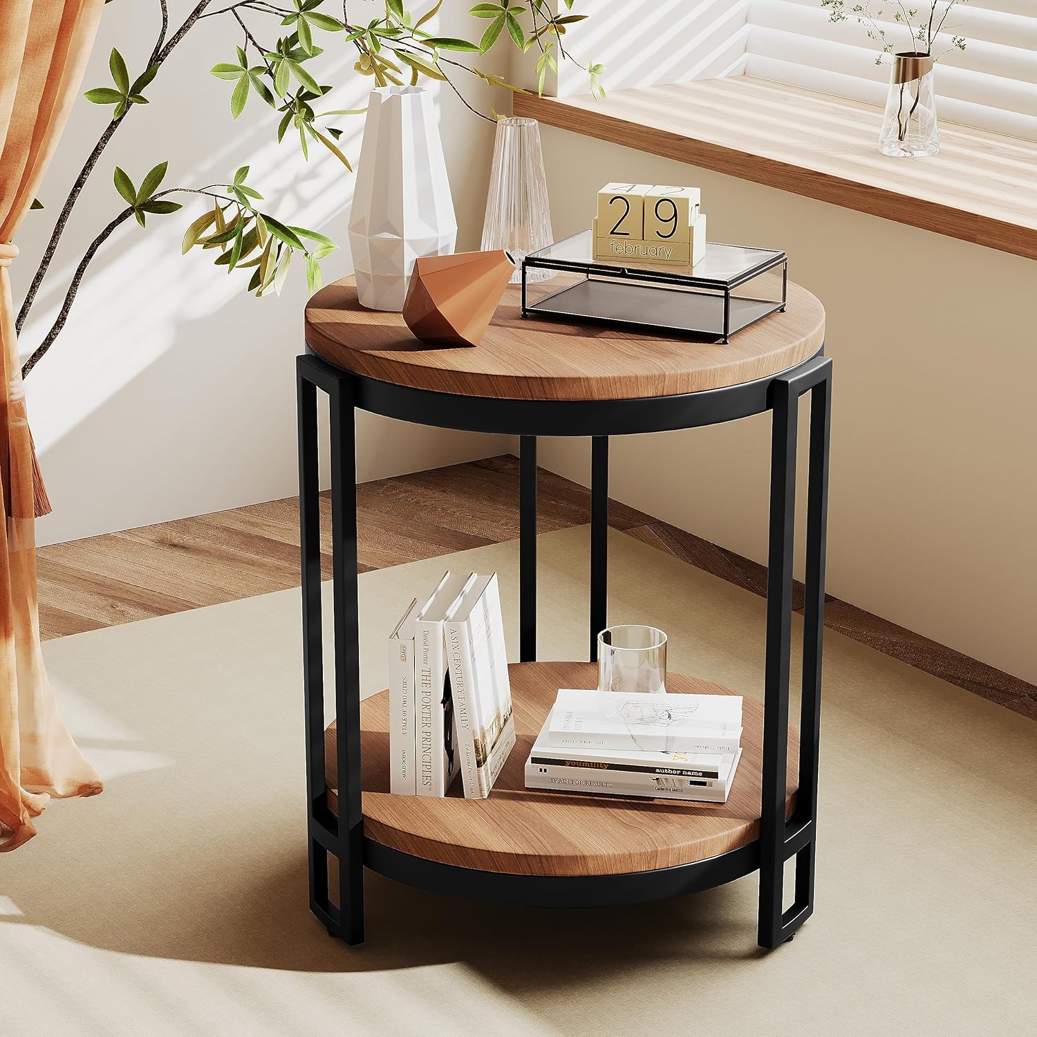 Alunaune Industrial End Table, 2Tier Marble Look Round