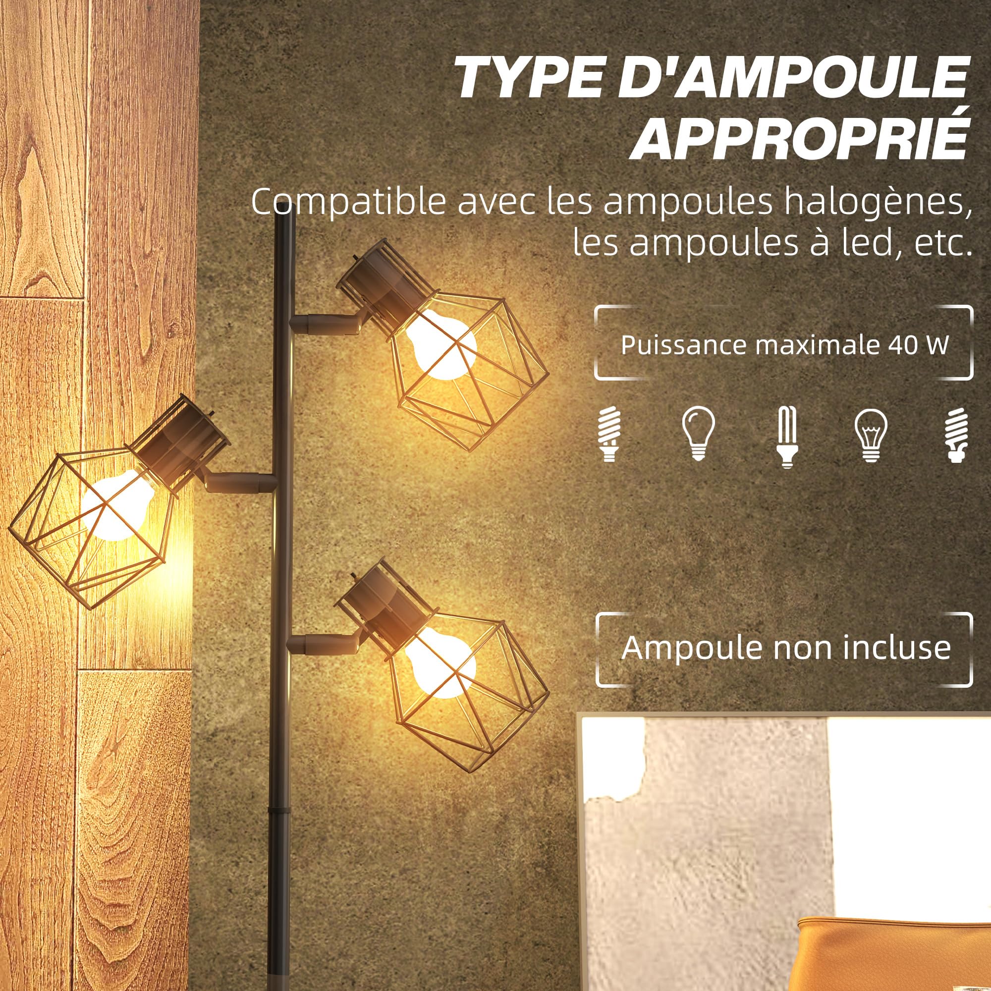 HOMCOM Lampadaire sur Pied Salon 3 Lumières E27 pour Salon Chambre Noir | Lampe sur Pied, Interrupteurs Individuels, Ampoules Non Incluses, Chambre à Coucher