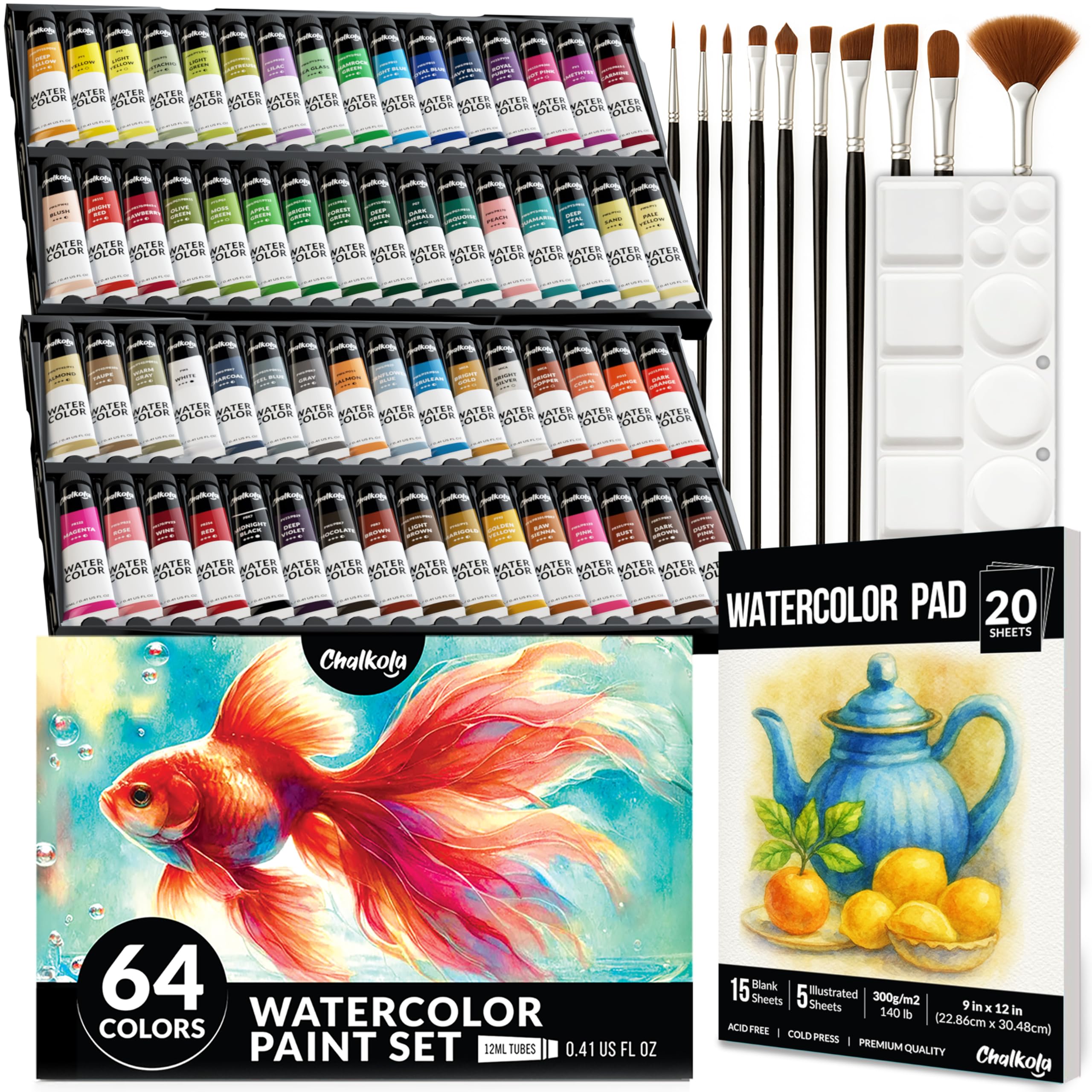 Chalkola Set di pittura ad acquerello, 64 tubetti di pittura ad acqua (12 ml, 11,3 g), 10 pennelli e 1 tavolozza, 20 tamponi per acquerelli, forniture artistiche per adulti, bambini, principianti e