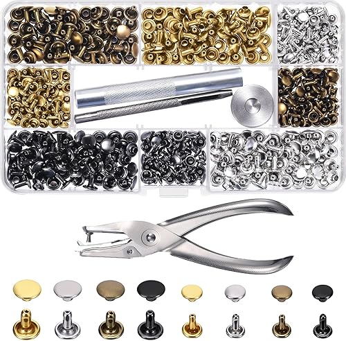 Juego de 240 remaches de cuero de doble casquillo, remaches tubulares de metal, 2 tamaños con alicates de punzón y kit de herramientas de ajuste de