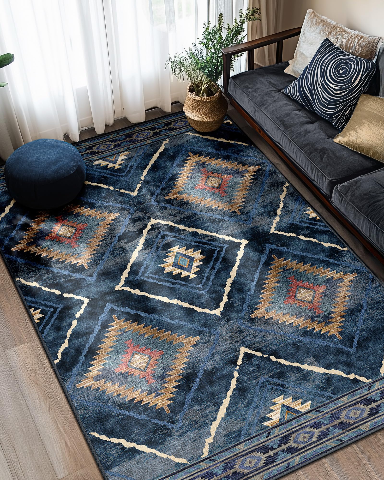 Photo 1 of BESTSWEETIE Area Rug 5x7 Rug Machine Washable Non-Slip Low Pile Print Pattern Western Rug for Living Room Bedroom Entryway Tribal Series -Darkblue