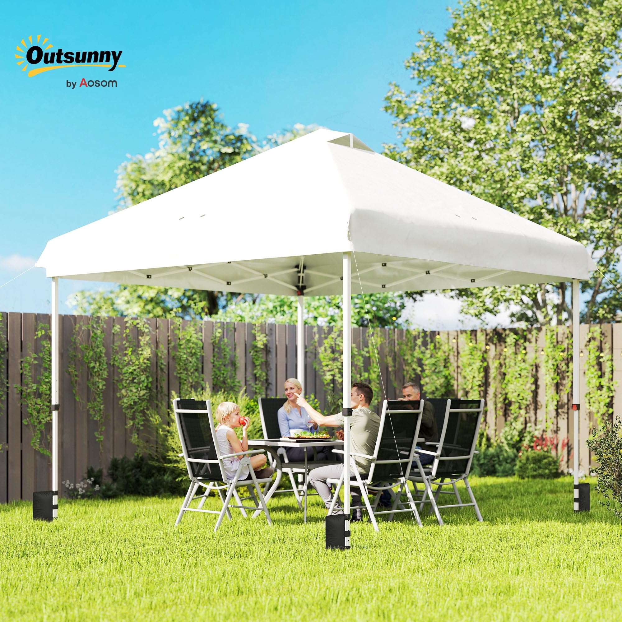 Outsunny Tonnelle de Jardin Exterieur 3x3m, tonnelle Pliante Pop-up avec Roues, Protection Solaire UPF50+, 4 Sacs de Sable, Hauteur réglable, Sac de Transport, Blanc