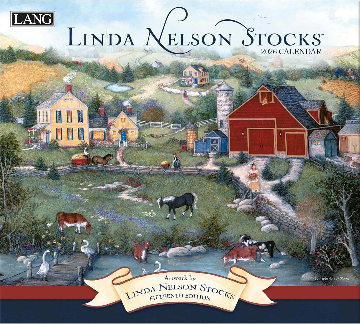 Lang Linda Nelson Stocks 2026 Wall Calendar – 13.4" × 12", 12-Month Calendar with Stapled Binding, Linen-Embossed Americana Art, Nostalgic Small-Town & Countryside Scenes