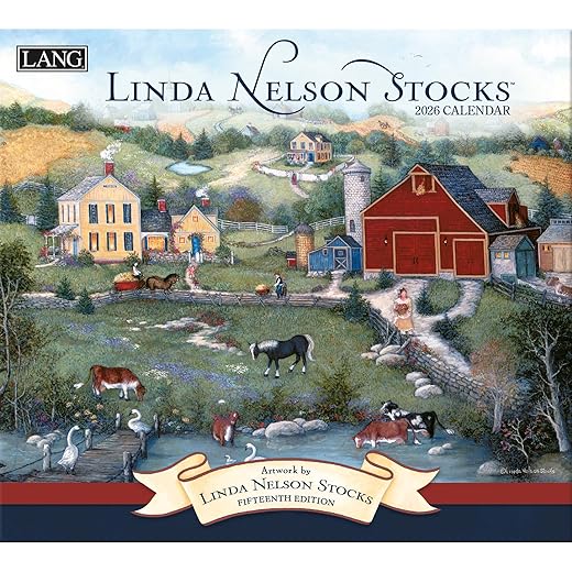 Lang Linda Nelson Stocks 2026 Wall Calendar – 13.4" × 12", 12-Month Calendar with Stapled Binding, Linen-Embossed Americana Art, Nostalgic Small-Town & Countryside Scenes