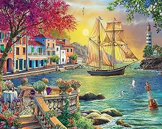 Springbok - Oceanside Sunset - 1000 Piece Jigsaw Puzzle Illustration of Villa on Waters Edge with Ship Sailing in