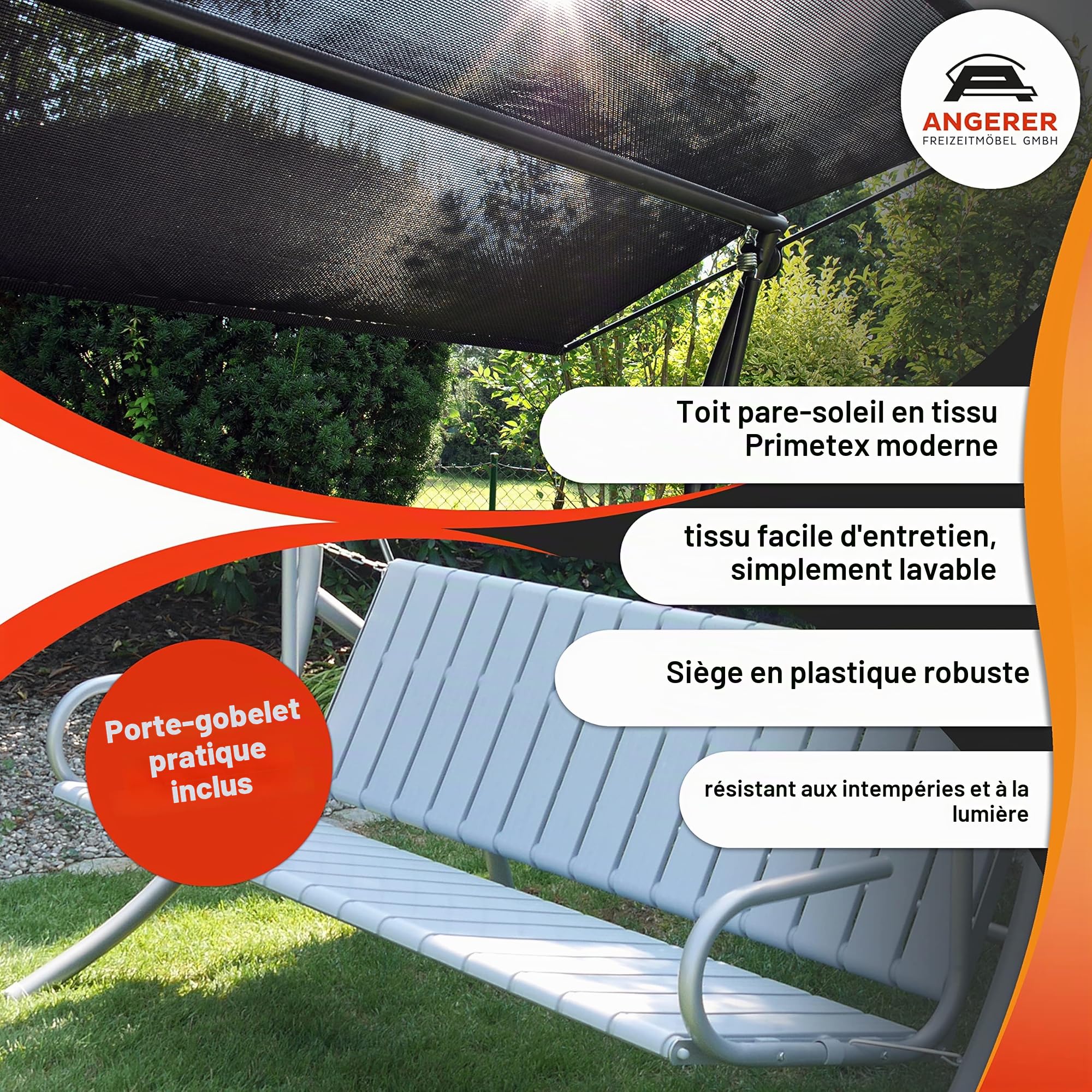 ANGERER Balancelle de Jardin Drift Smart, 3 Places, Acier Galvanisé, Convertible en Lit, avec Auvent Réglable, Textilène, 210 x 145 x 160 cm, Fabriquée en Allemagne (Gris Clair)