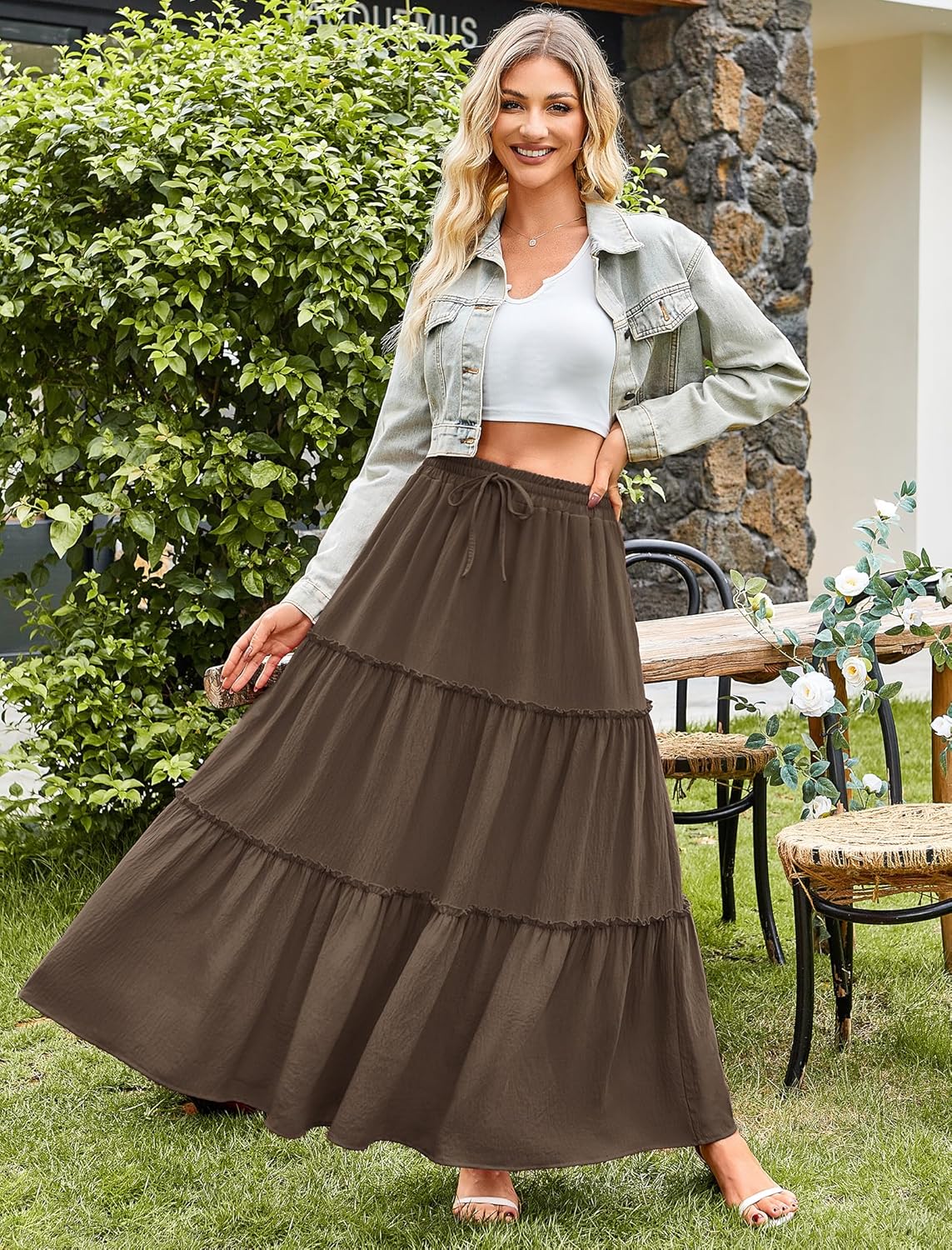 Arolina Women's Summer Maxi Skirt Trendy High Waist Pleated Ruffle Long Skirts Flowy Beach Boho Skirt Dress with Pockets - Image 2