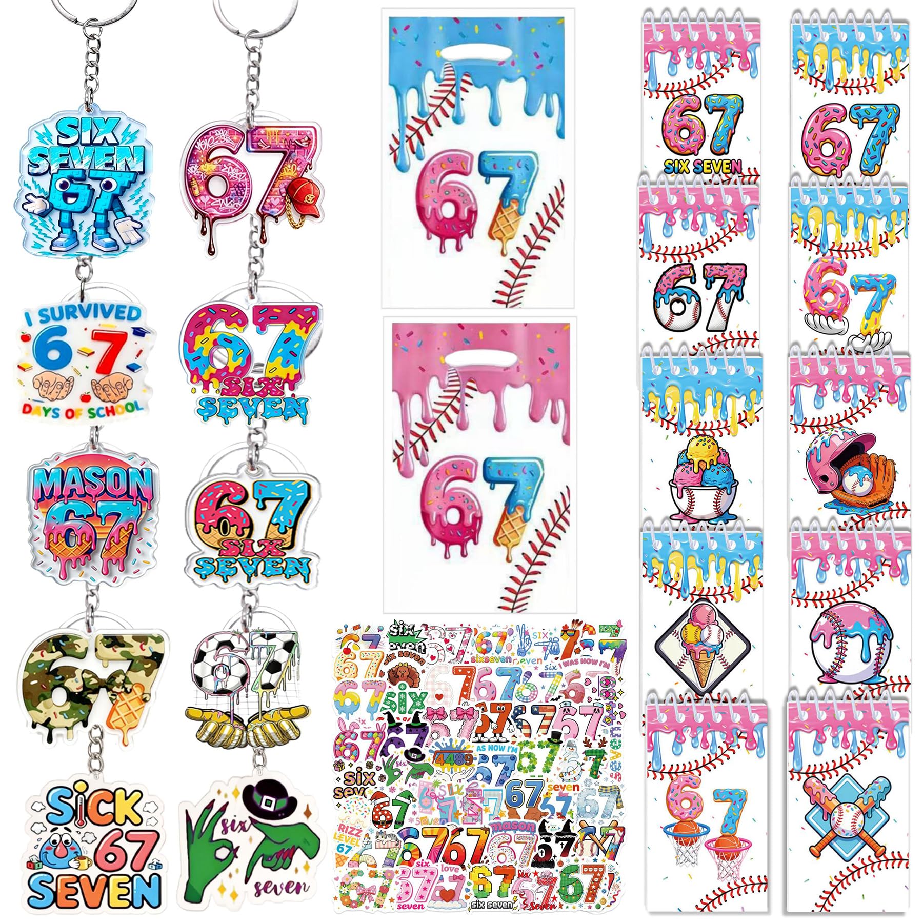 80 Pcs 6 7 Party Favors Gift Goodie Bags Fillers with Mini Notebooks, Keychain & Stickers, Funny 67 Six Seven Ice Cream Meme Birthday Party Decorations School Supplies (A)