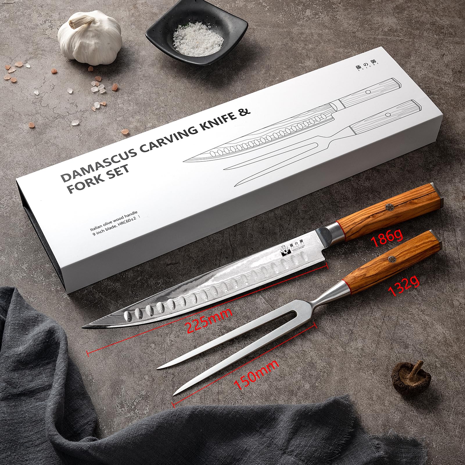 Set di Coltelli da Intaglio e Forchetta, 67 Strati VG10 Acciaio al Carbonio Alto Coltello da Carne 22,5CM, Coltello e Forchettone per Carne con Manico in Legno d'Ulivo, 2 pezzi