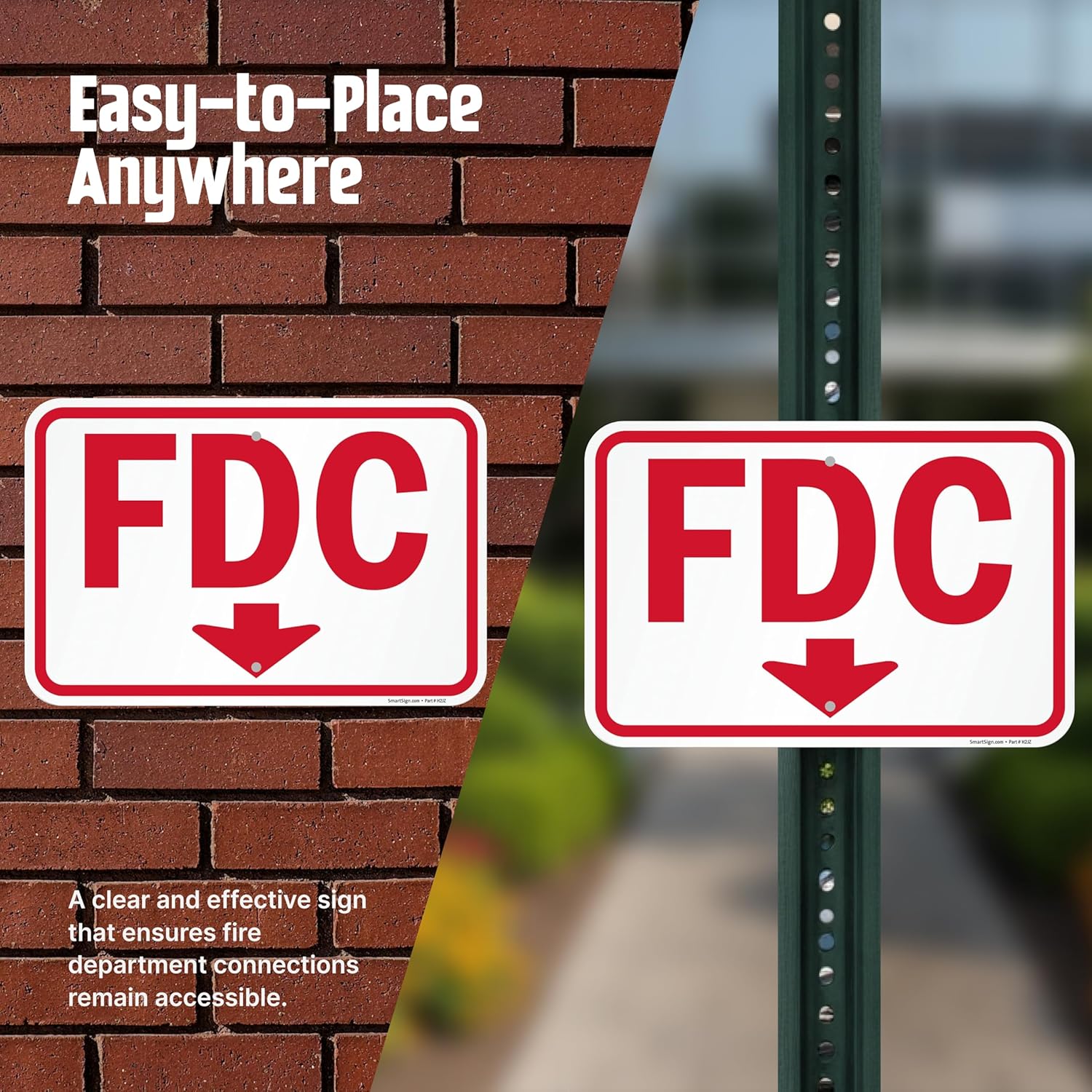 SmartSign 12 x 18 inch “FDC” Fire Department Connection Metal Sign with Down Arrow, 120 mil Aluminum Composite, 3M Engineer Grade Reflective Aluminum, Red and White, Made in USA