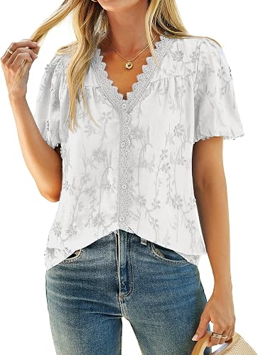 Simplee Womens Blouses Dressy Casual - V Neck Short Sleeve Embroidered Eyelet To