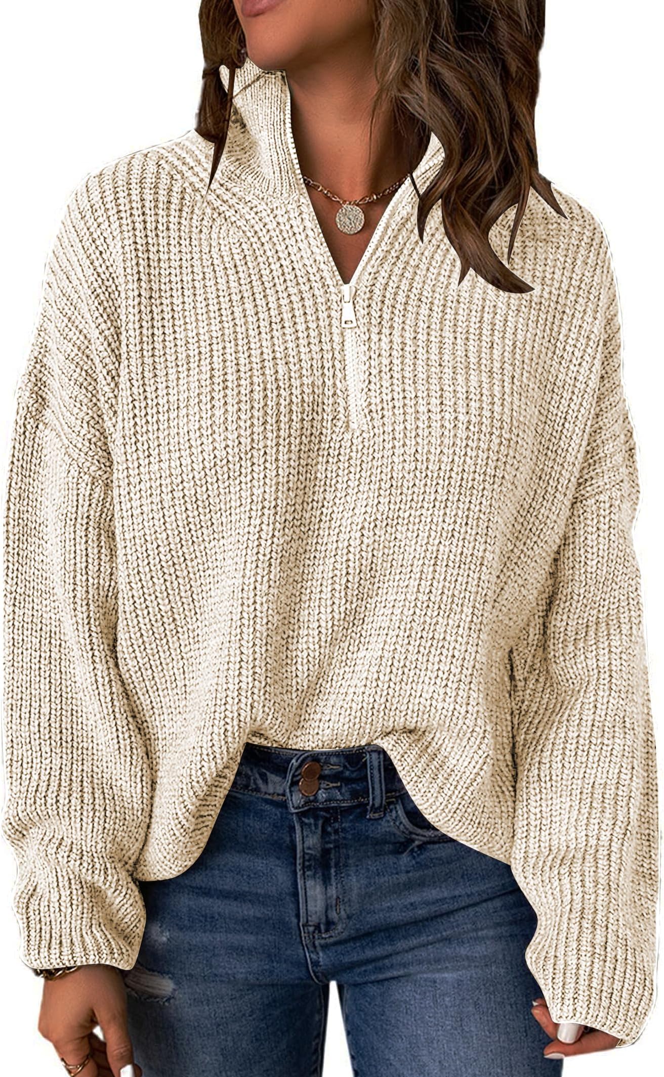 FamulilyWomens Basic Fall Winter Jumper Sweaters,1/4 Zip V Neck Long Sleeve Pullover Cosy Oversized Sweaters