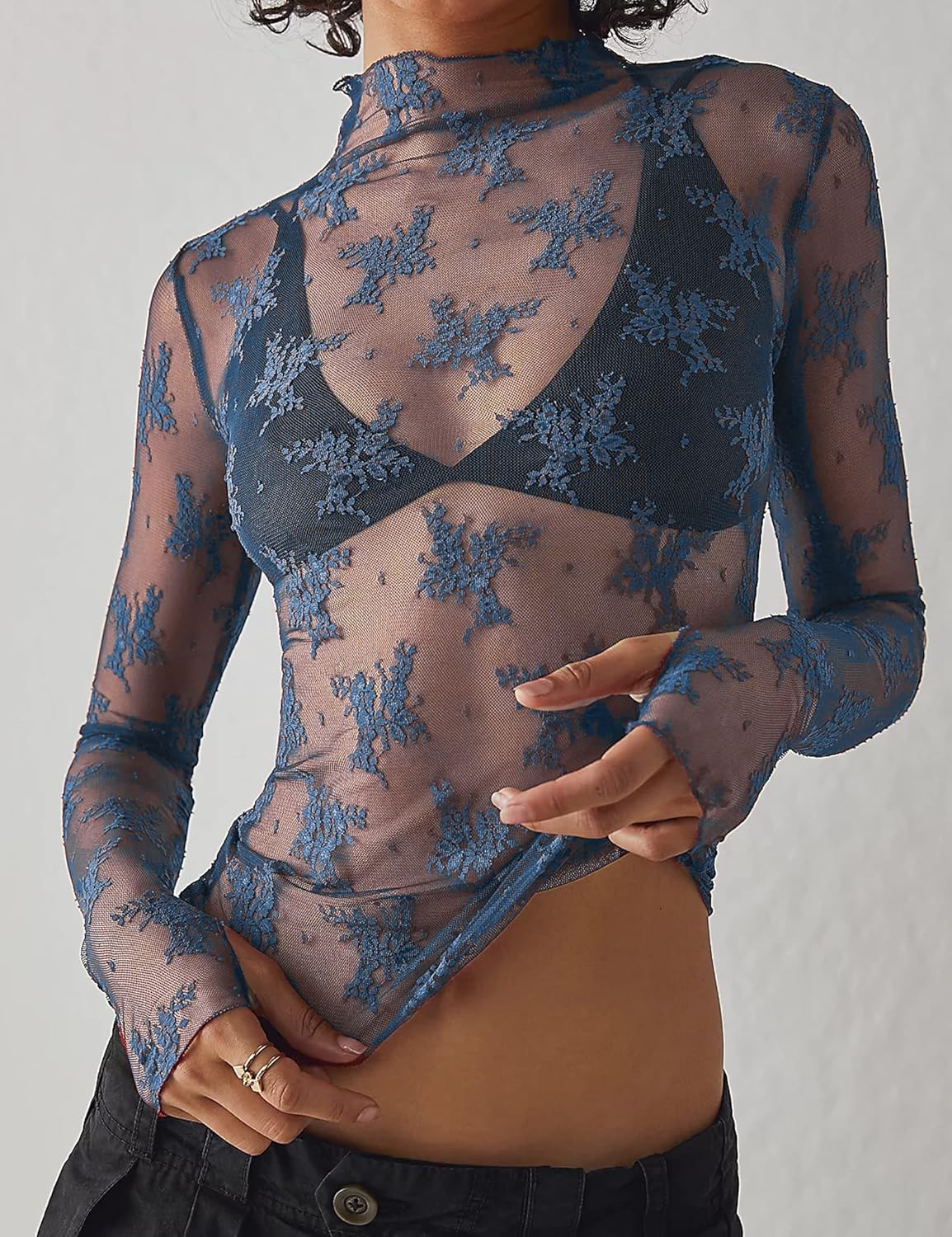 Ugerlov Women's Long Sleeve Mesh Top Mock Neck Sheer Blouse See Through Floral Lace Tops - Image 3