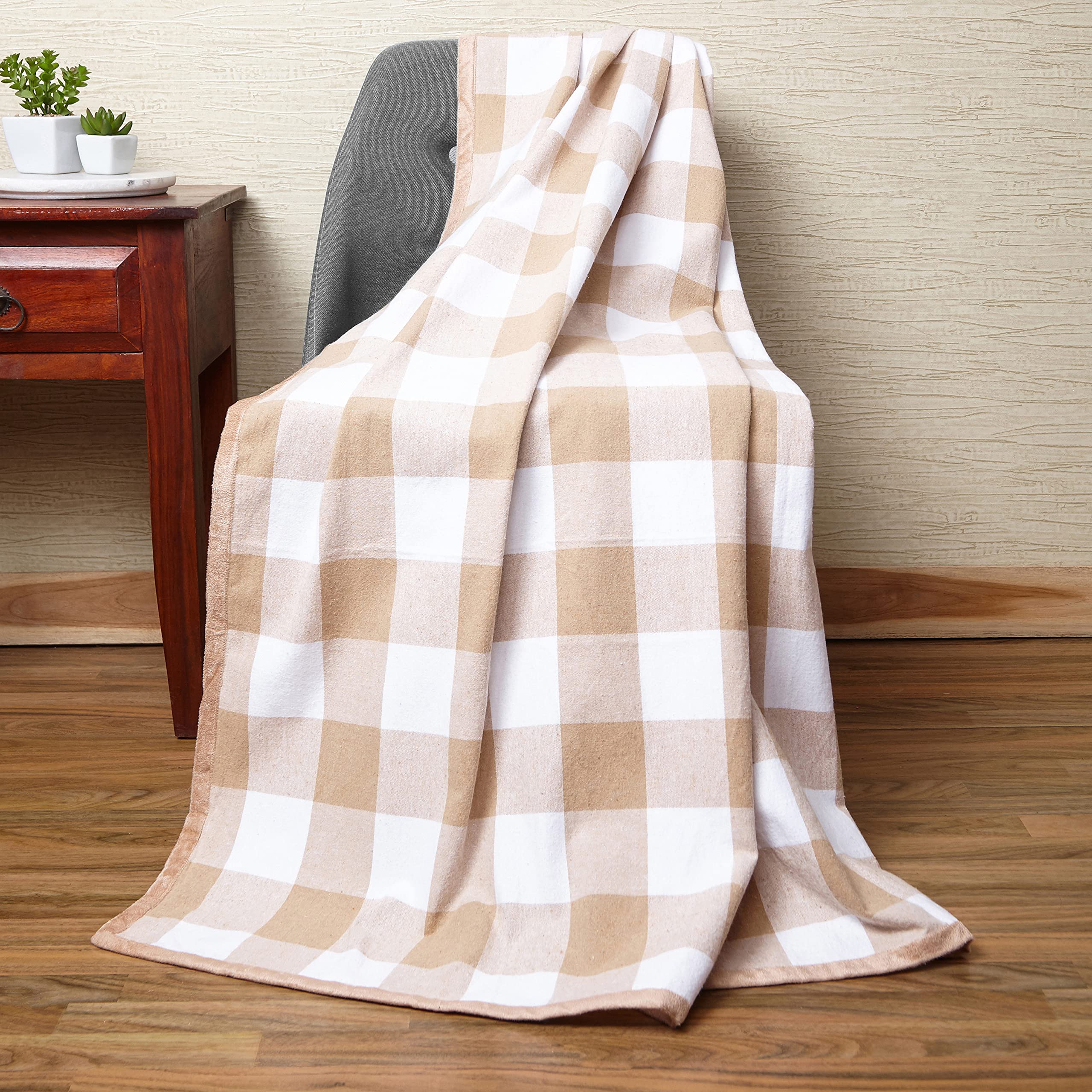 Encasa Homes Bed & Sofa Throw Blanket 127x60-3" Cotton Fleece with Velvet Piping, Soft, Warm & Comfortable, Machine Washable, Good for Bedroom, Living Room, Beach - Buffalo Beige Checks