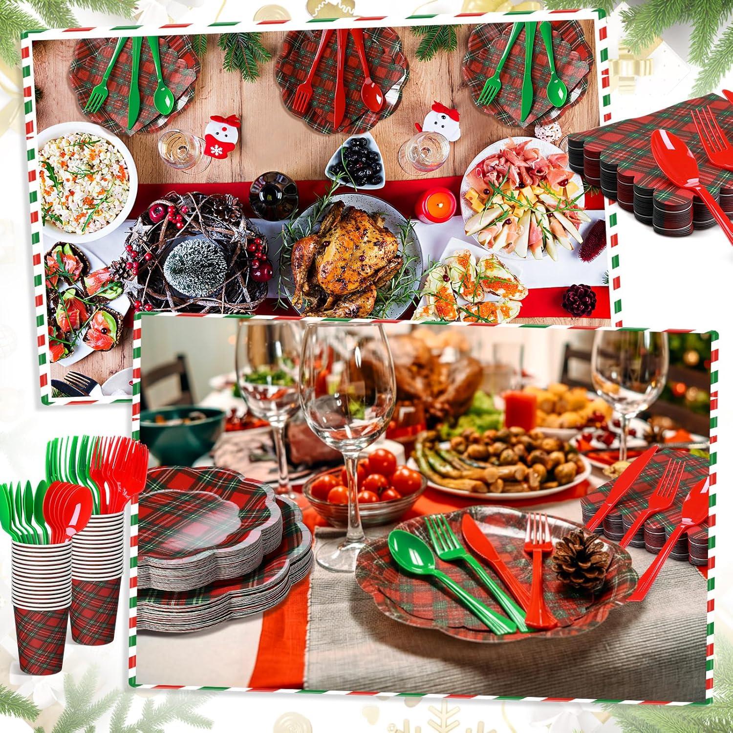 350 Pcs Christmas Paper Plates and Napkins Set Red and Green Plaid Disposable Christmas Dinnerware Set with Cup Knife Fork Spoon Serve 50 Guests Holiday Winter Xmas Party Supplies Decoration - Image 4
