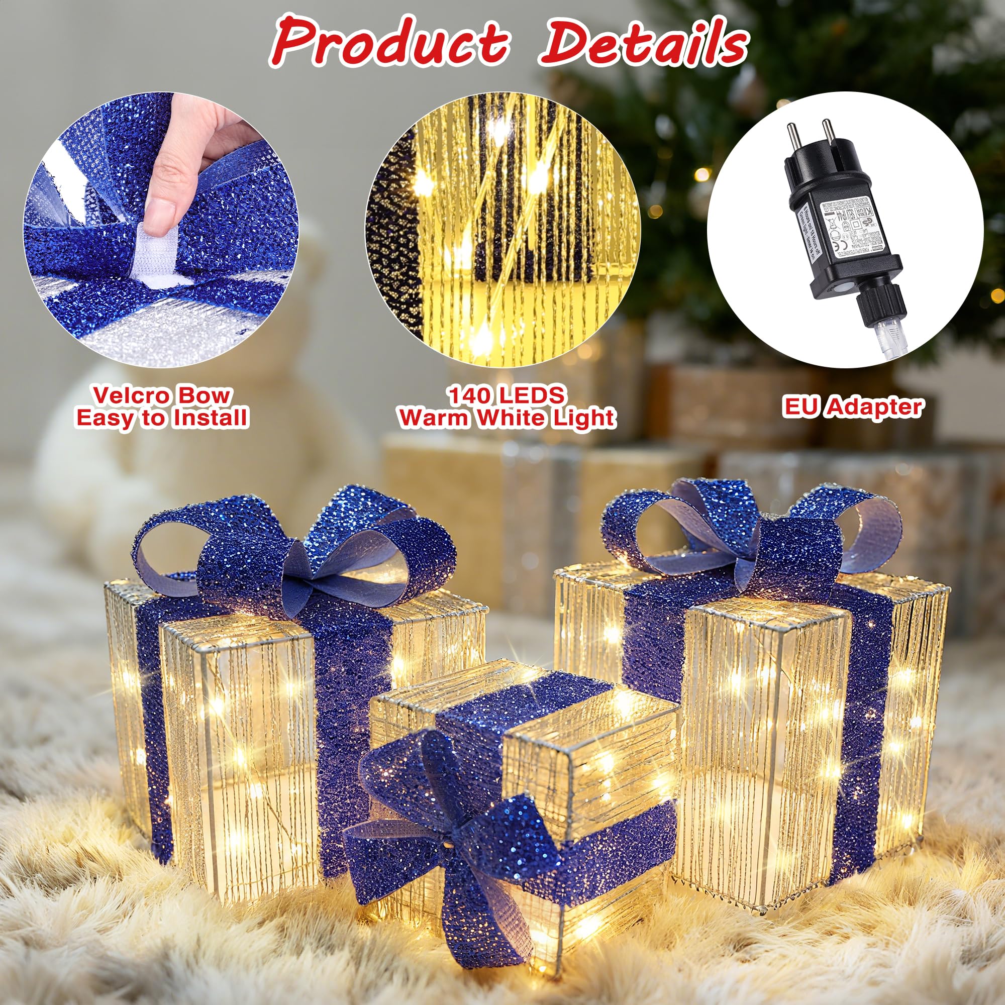 iBaycon Coffrets Cadeaux Lumineux De Noël,Blanc Chaud Lot De 3 Bleu | 140 Leds Coffrets Cadeaux Avec Minuterie Prise de Courant,Décorations De Noël ,Éclairage d'Extérieur Jardin Pelouse Cour