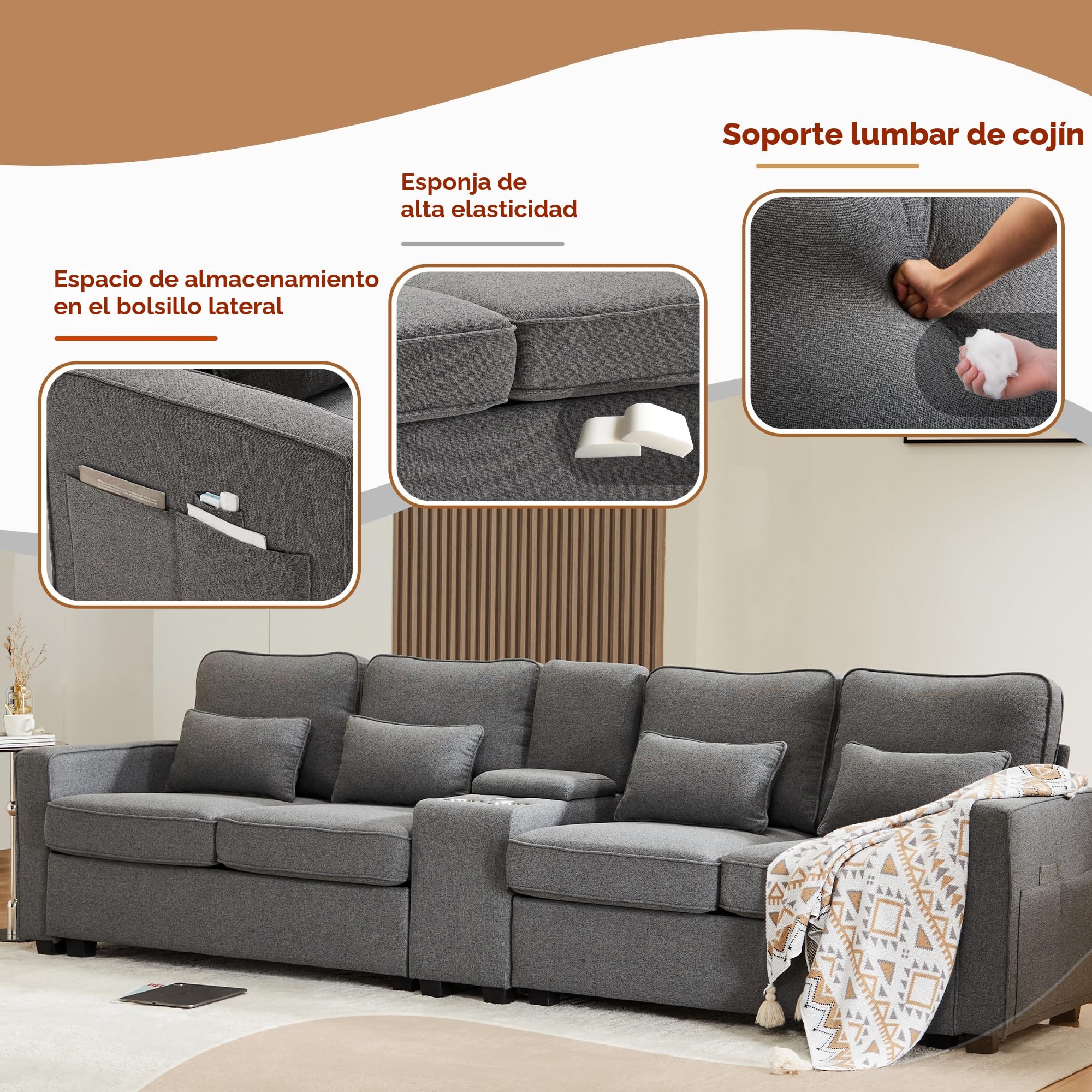 Azkoeesy Moderno sofá de 4 plazas de tela de lino, estilo sencillo, con consola, 2 soportes para bebidas, 2 puertos USB, 4 cojines, adecuado para sala de estar (gris oscuro)