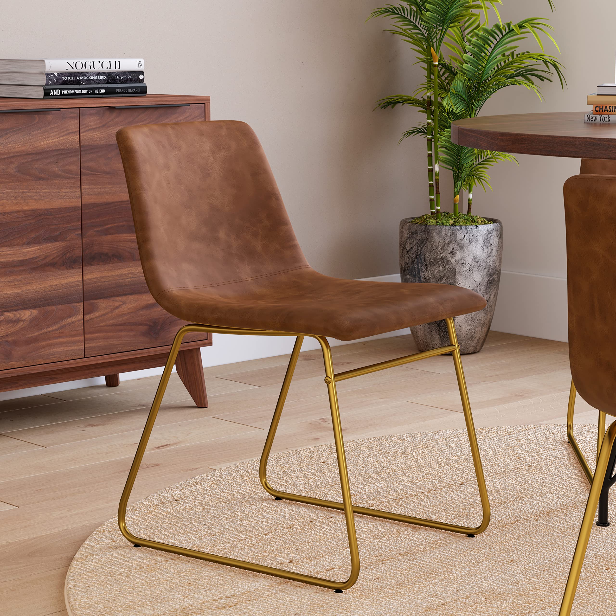 Taylor & Logan Butler 18 inch Dining Table Height Chair, Mid-Back Sled Base Dining Chair in Light Brown Faux Leather with Gold Frame, Set of 2