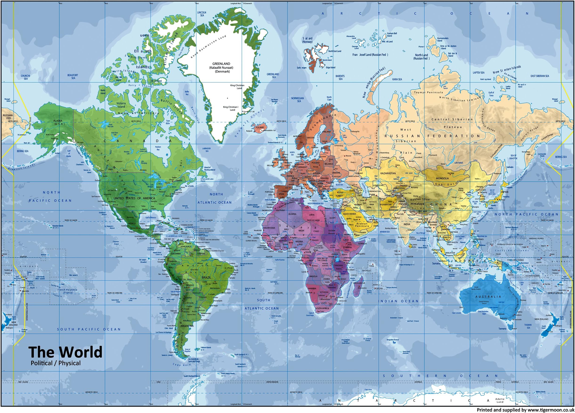 Physical/Political Map of The World - Size A1-59.4 x 84.1cm - Paper Laminated