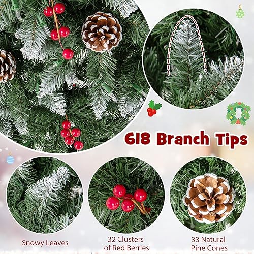 Miniatura 6 de Happygrill Árbol de Navidad artificial preiluminado de 6 pies, árbol de Navidad artificial delgado con 300 luces LED y 618 puntas de rama, bayas