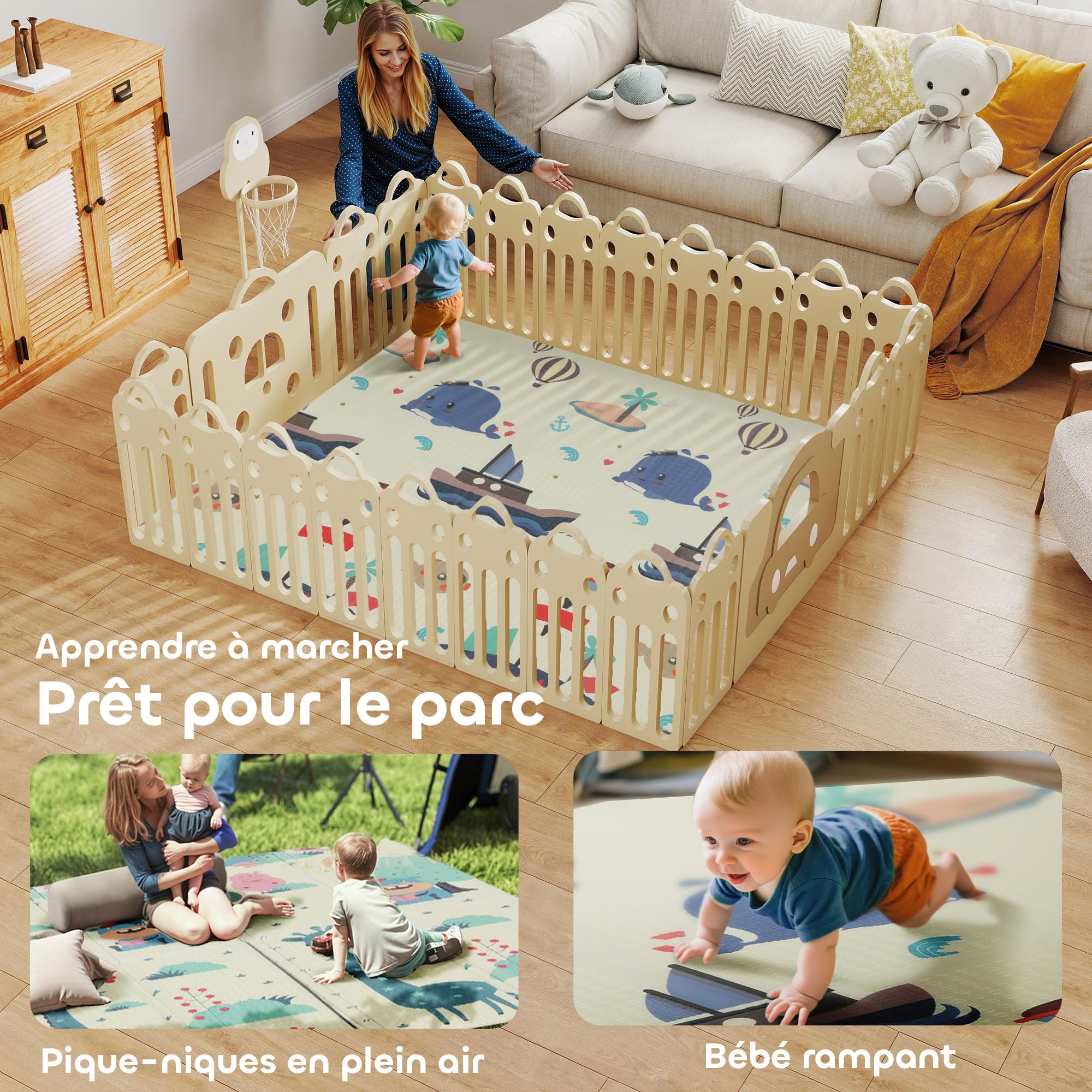 AIYAPLAY Tapis de Jeu pour Bébé Pliable Cerf et baleine 196x176x1,5cm | Réversible, Tapis de Sol en Mousse Épais, Antidérapant, Imperméable, Développement Sensoriel