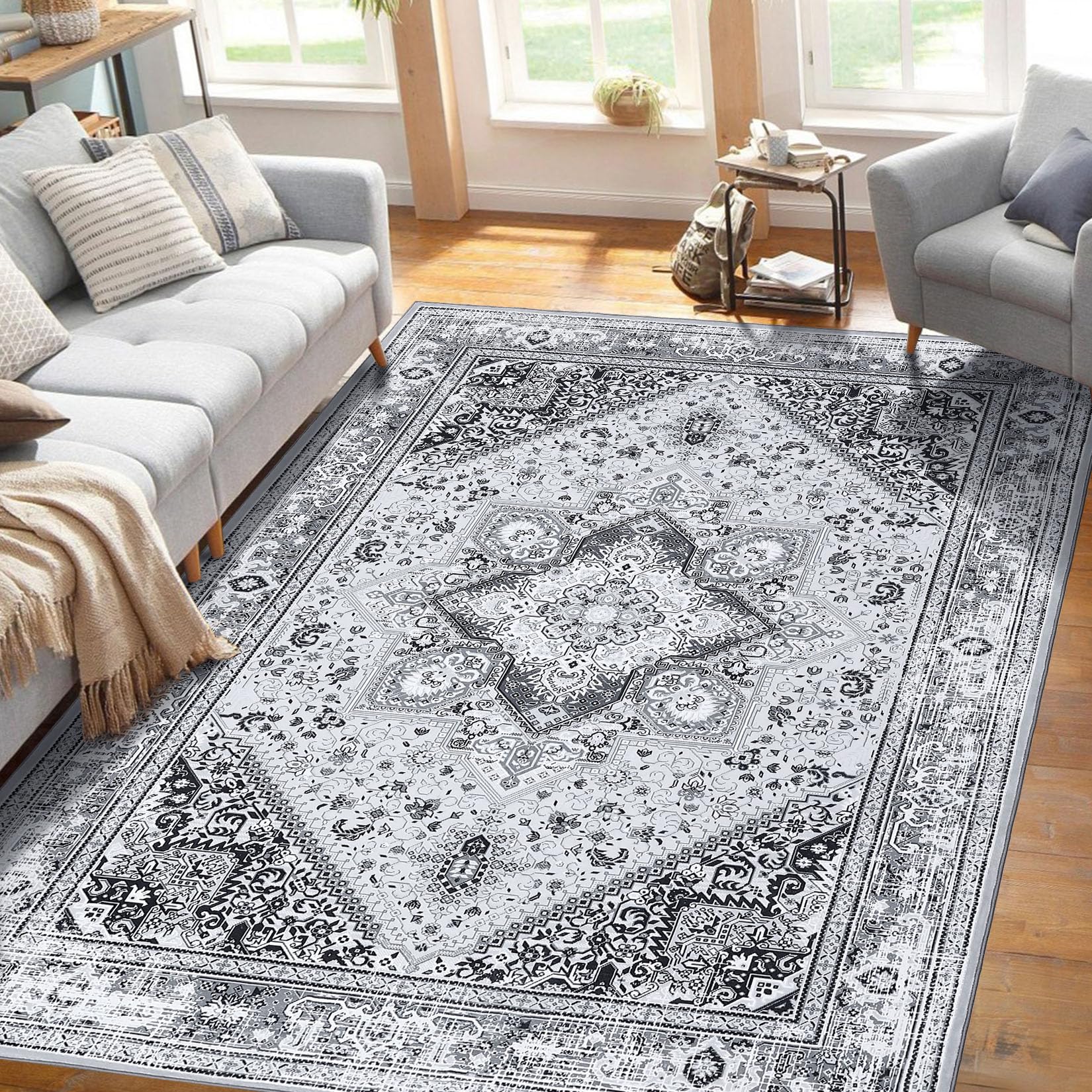 Bohemian Vintage Rug, Machine Washable Low Pile Accent Rug, Lint-Free Non-Slip Living Room Floor Throw for Bedroom, Dining Room, Children's Playroom, Grey, 120 x 170 cm