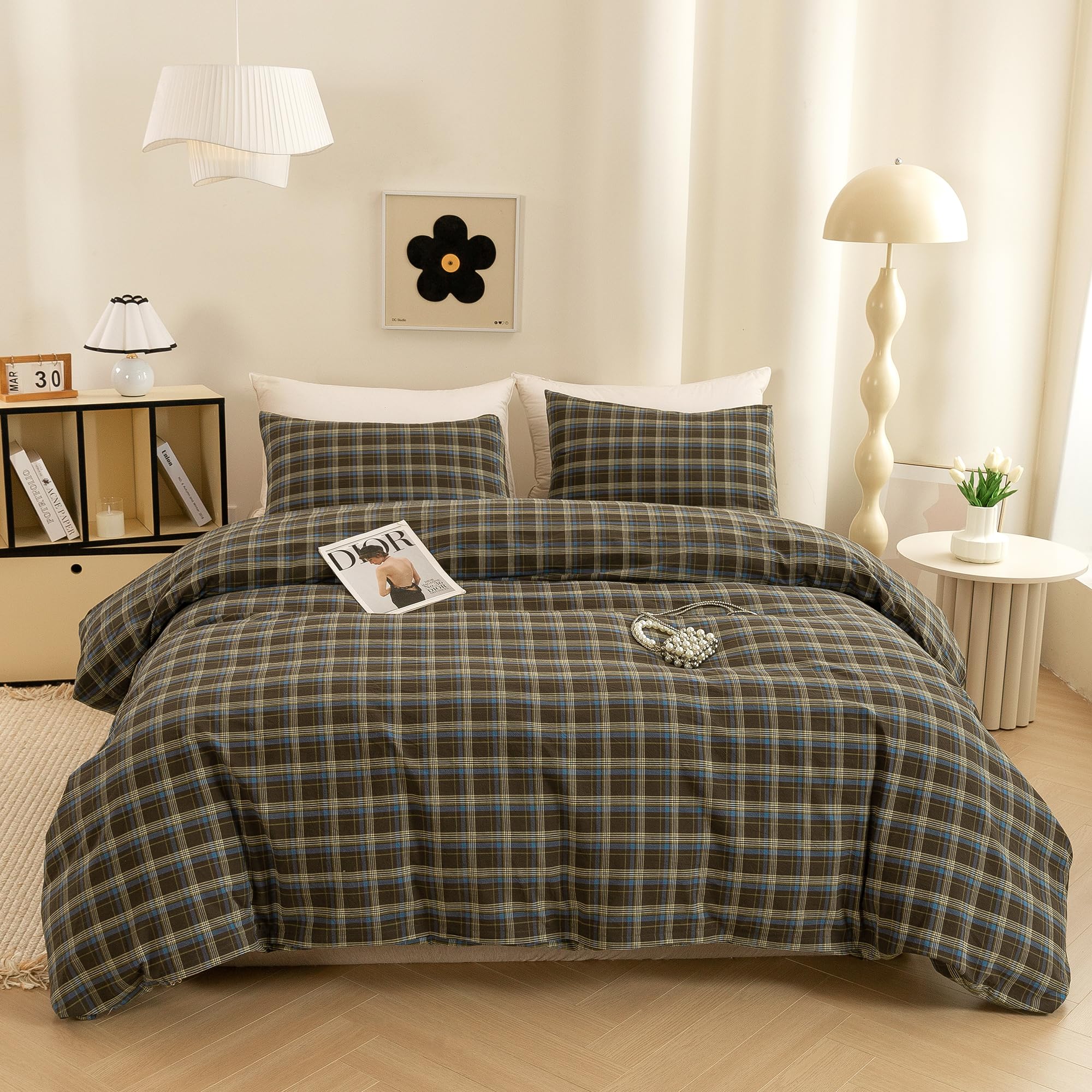 ECOCOTT Buffalo Plaid Duvet Cover Queen Size – 3 Piece Washed Cotton Brown &amp; Blue Bedding Set, Soft &amp; Breathable, Reversible Checkered Design with Zipper Closure &amp; Corner Ties