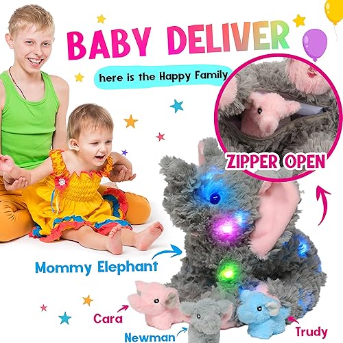Miniatura 4 de Hopearl Juguete de peluche musical con luces LED de peluche para cantar y cantar con 3 elefantes de bebé en su barriga volumen ajustable canción de