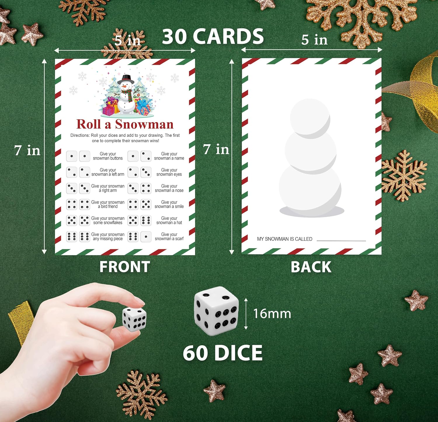 Roll A Snowman Dice Game, 30 Cards + 60 Dice, Christmas Draw A Snowman, Christmas Games for Family Party, Class, Classroom, Winter Holiday Activities Supplies, RaS01
