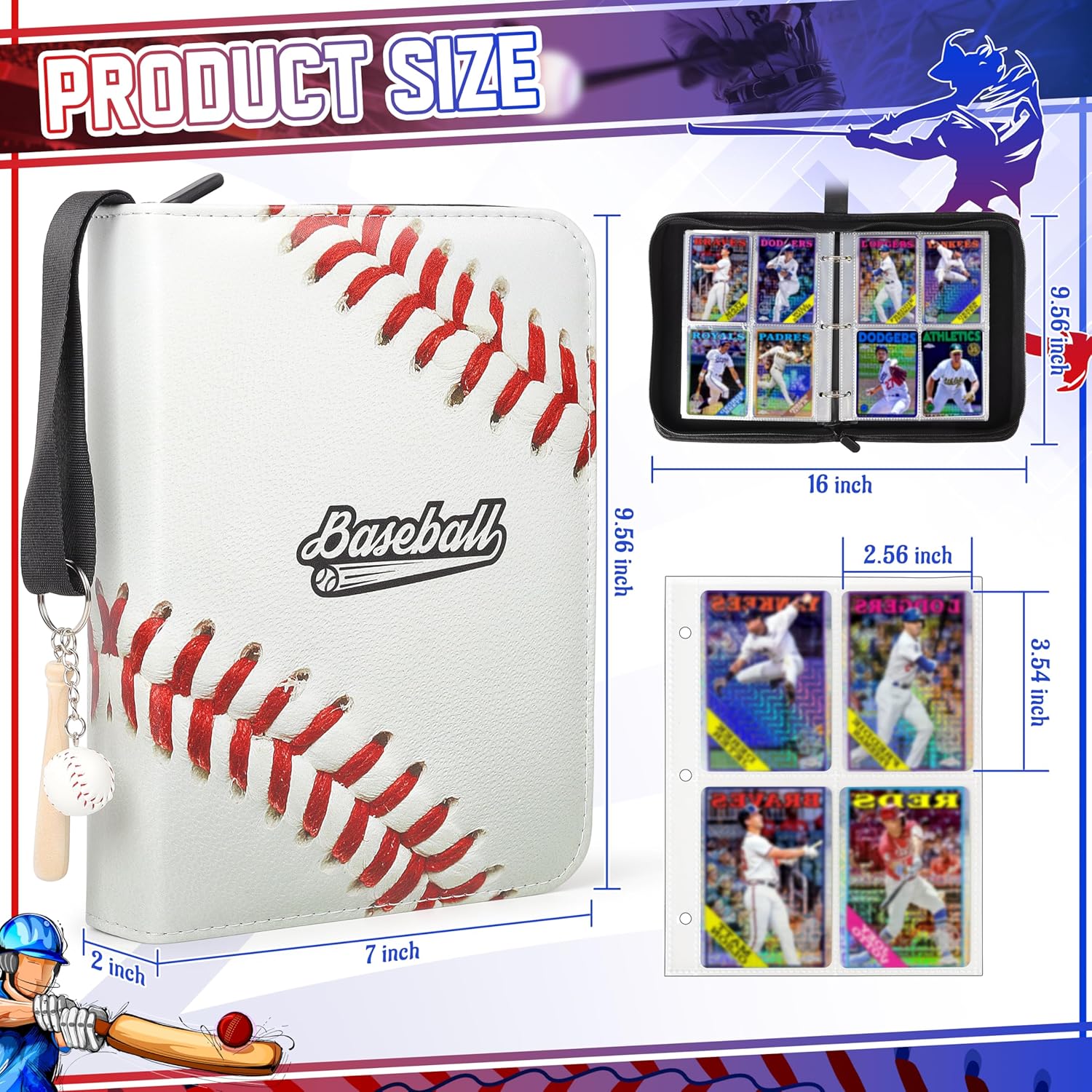 ZAIONE 4-Pocket Baseball Card Binder: Portable 440 Pockets Collectible Sports Trading Cards Album for Baseball Fans - Zippered PU Card Holder Binder for 2025 Design Gift