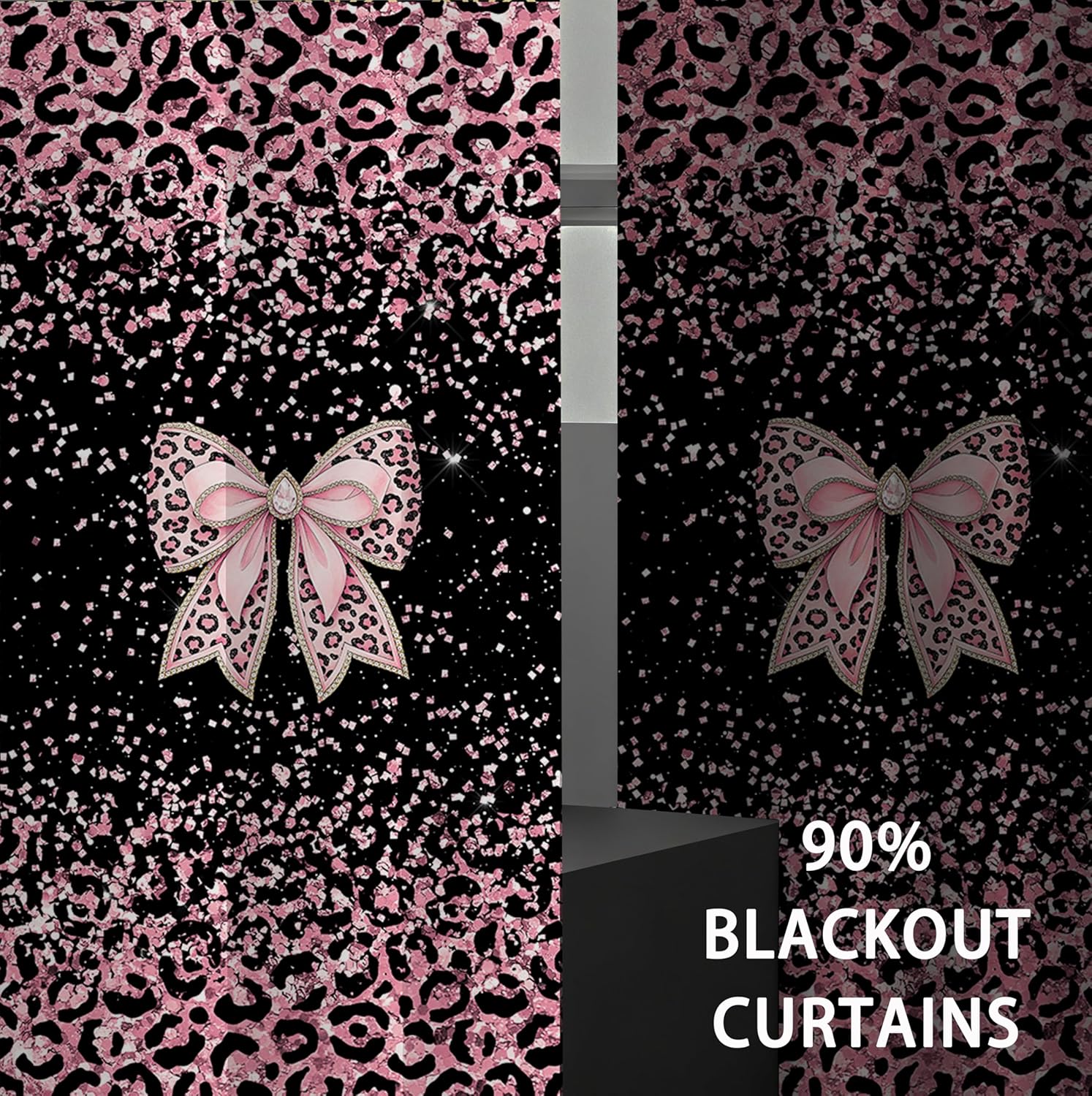 Pink Bow Curtains for Girls Room, Cute Girly Window Curtains with Leopard Print Blackout Drapes for Bedroom Living Room Grommet 42 x 84 Inch 2 Panels