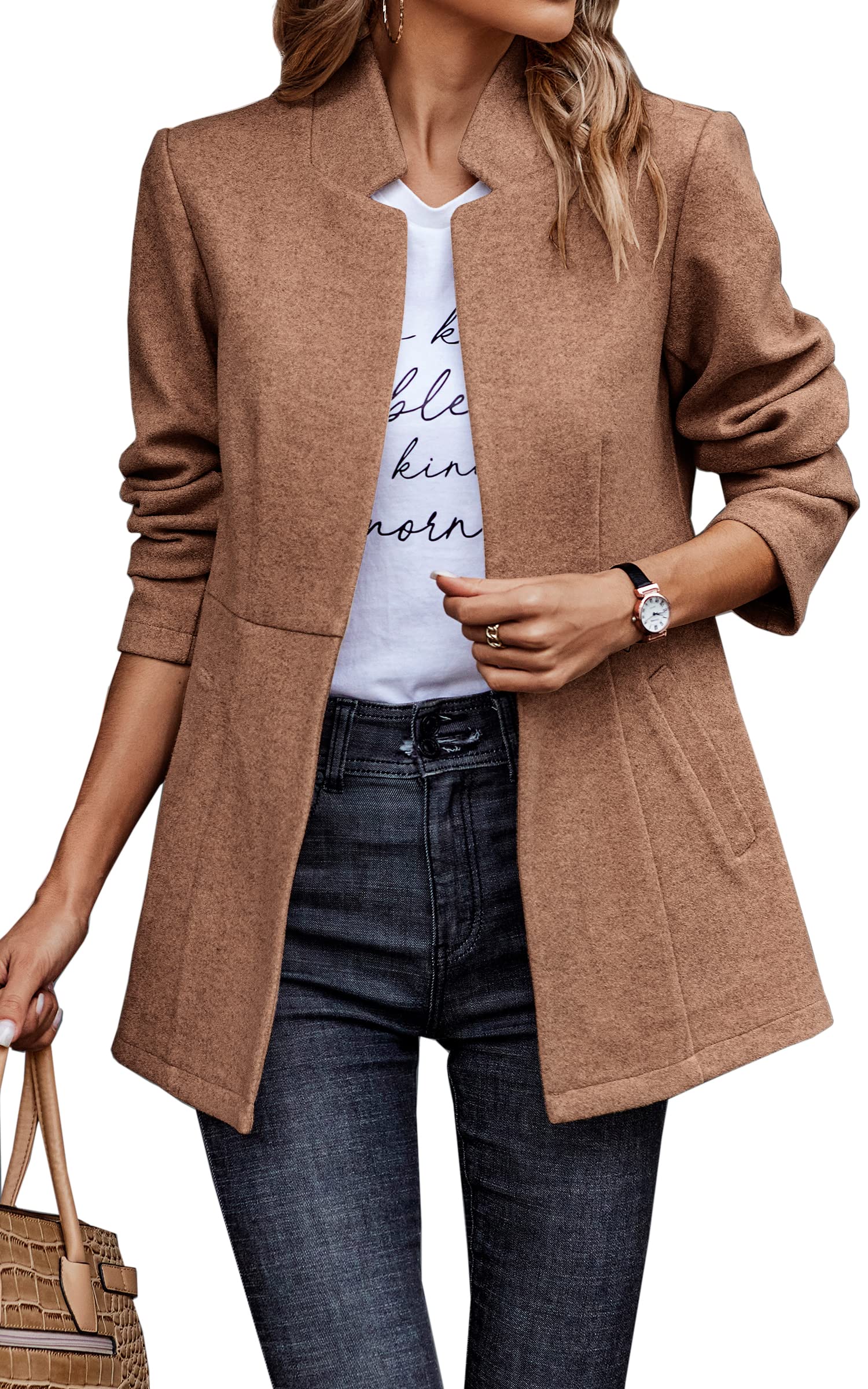 CCTOO Women's Coat Casual Open Front Blazer Long Sleeve Stand Collar Solid Trench Business Work Office Jacket Outwear