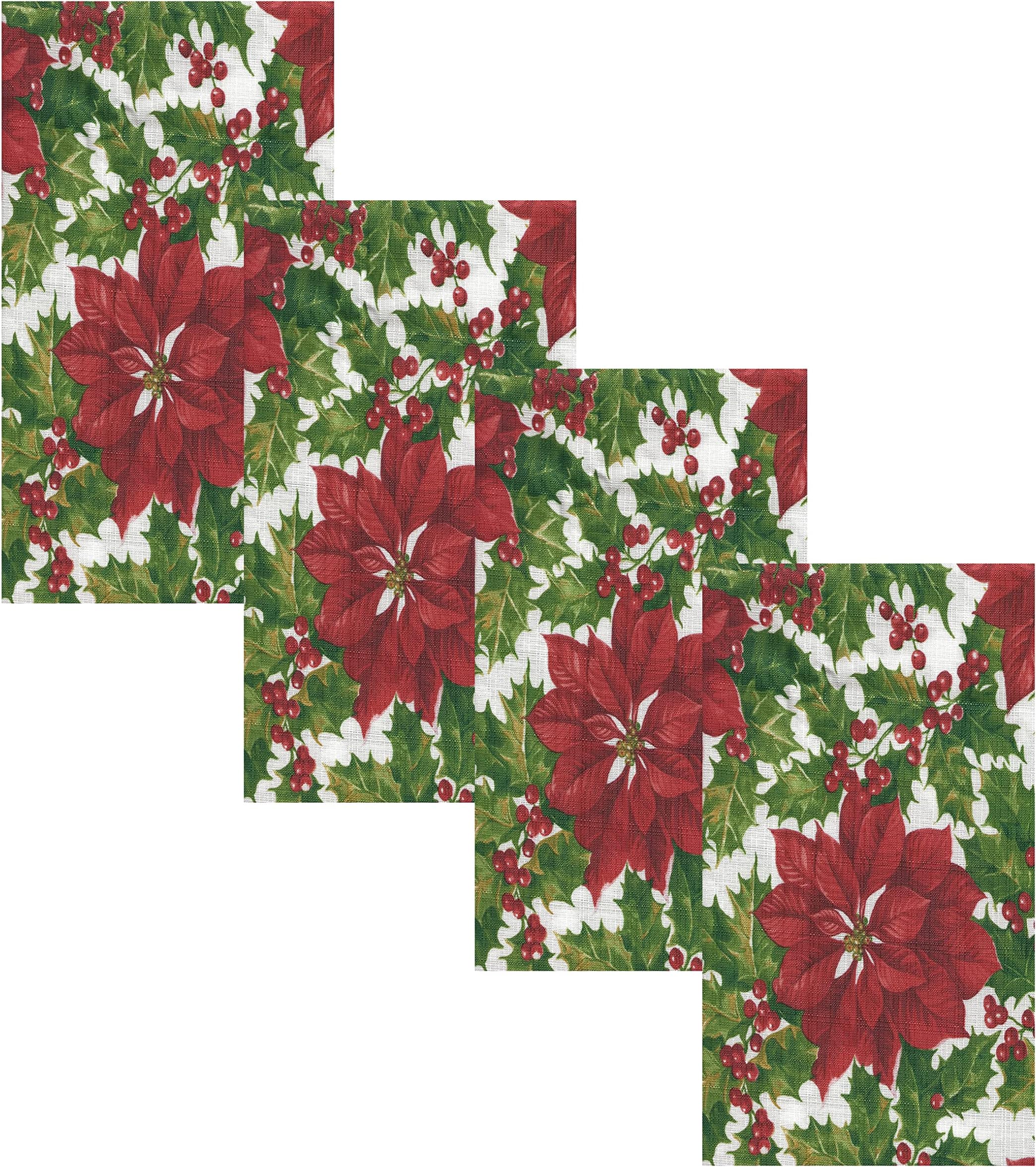 WaverlyBig Mistletoe Fabric Christmas Napkin - Bold Cottage Poinsettia Holly and Berries Holiday Napkins, Set of 4 Napkins