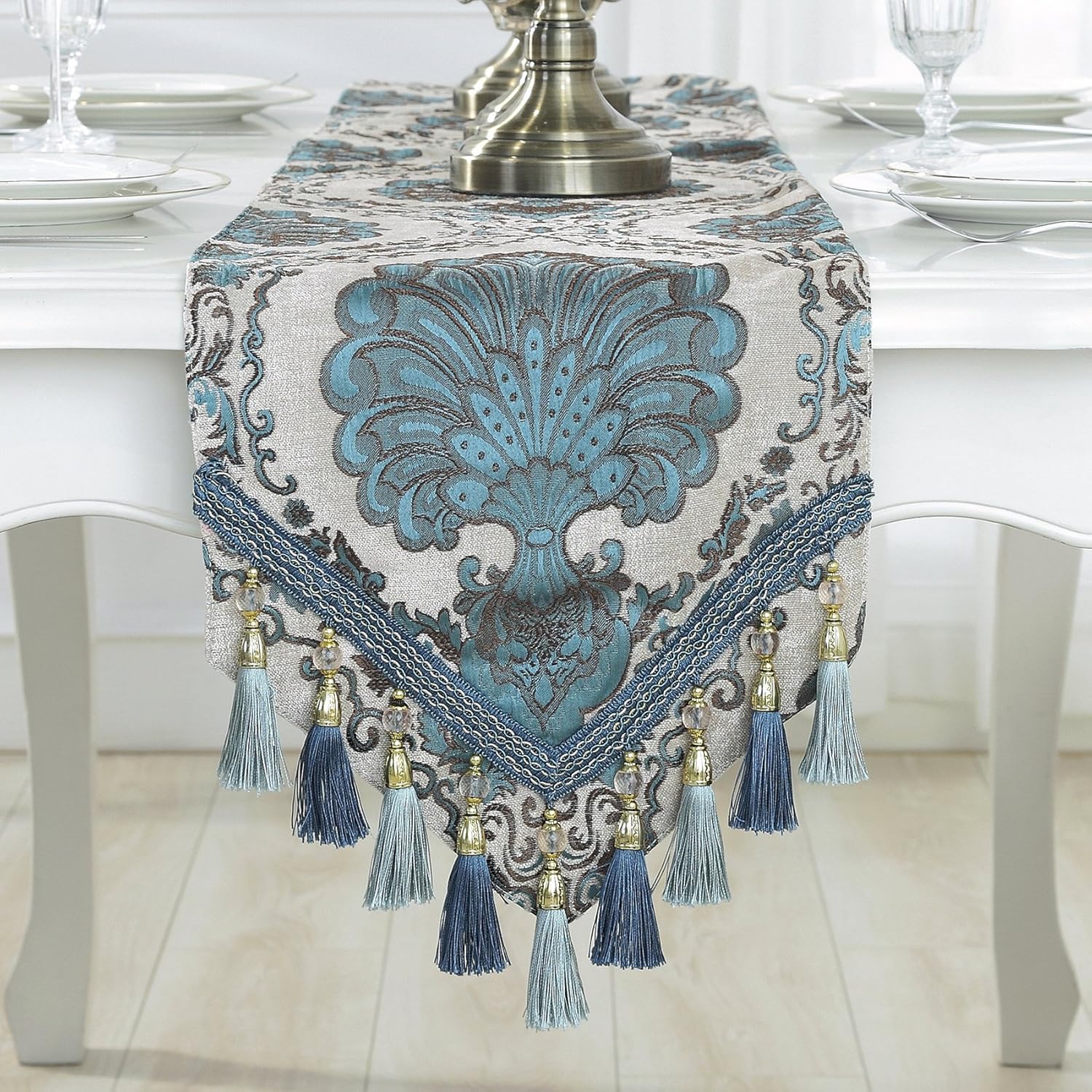 Embroidery Luxury Table Runner Jacquard Fabric Table Runner with Multi-Tassels for Dining Room Dresser Wedding Party Decorations, 13" x 70", Beige