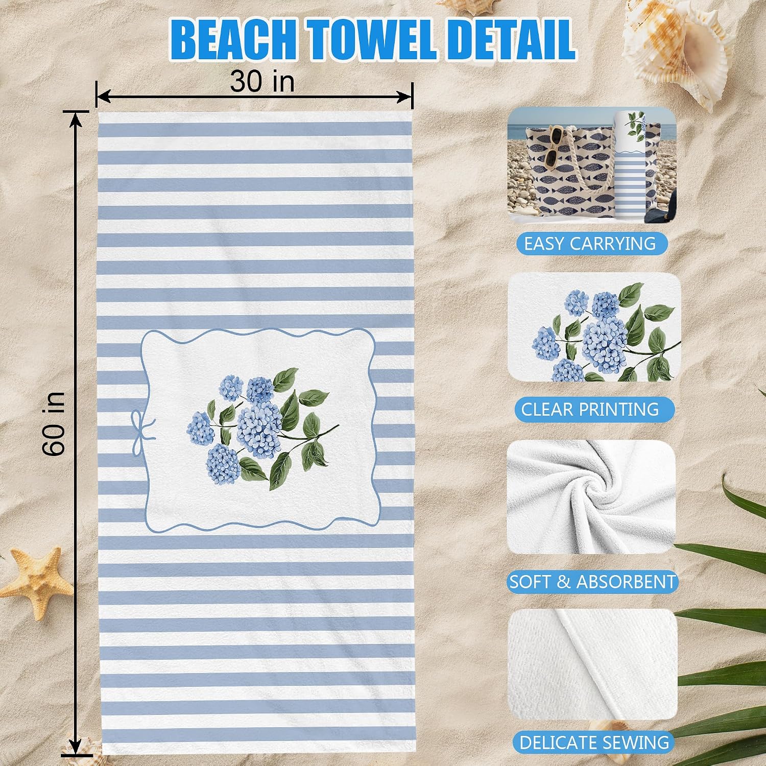 Preppy Hydrangea Beach Towel Decor, Blue Floral Sand Beach Towels Gifts for Women Girls, Coquette Hydrangeas Quick Dry Bath Pool Towels for Swimming Bathroom Spa Pool, 30x60 Inch