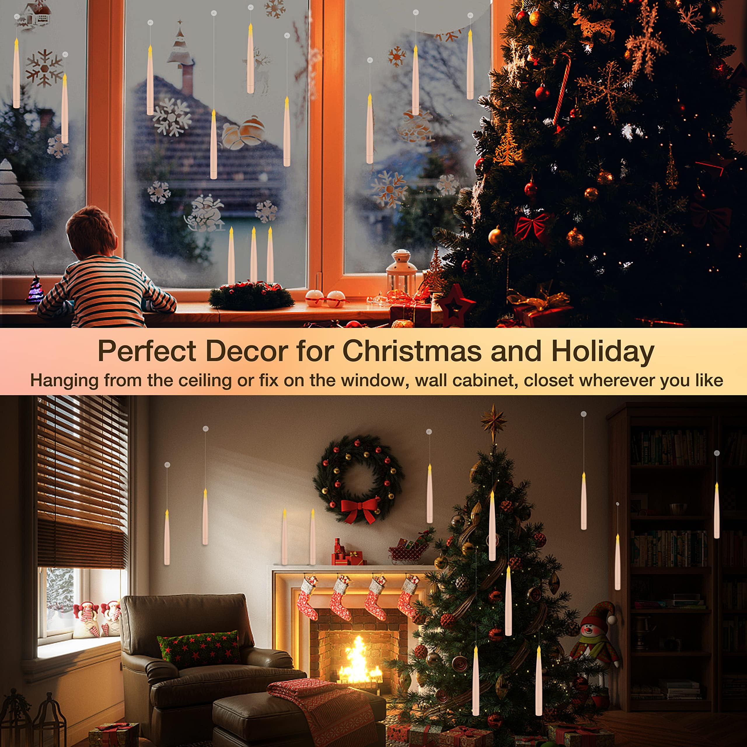 Coovee Candele LED Senza Fiamma con Telecomando a Bacchetta Magica, 12 Floating Candles da Appendere, Calda Lampeggiante Candela, Candela Conica Elettrica per Matrimonio Halloween Festa di compleanno