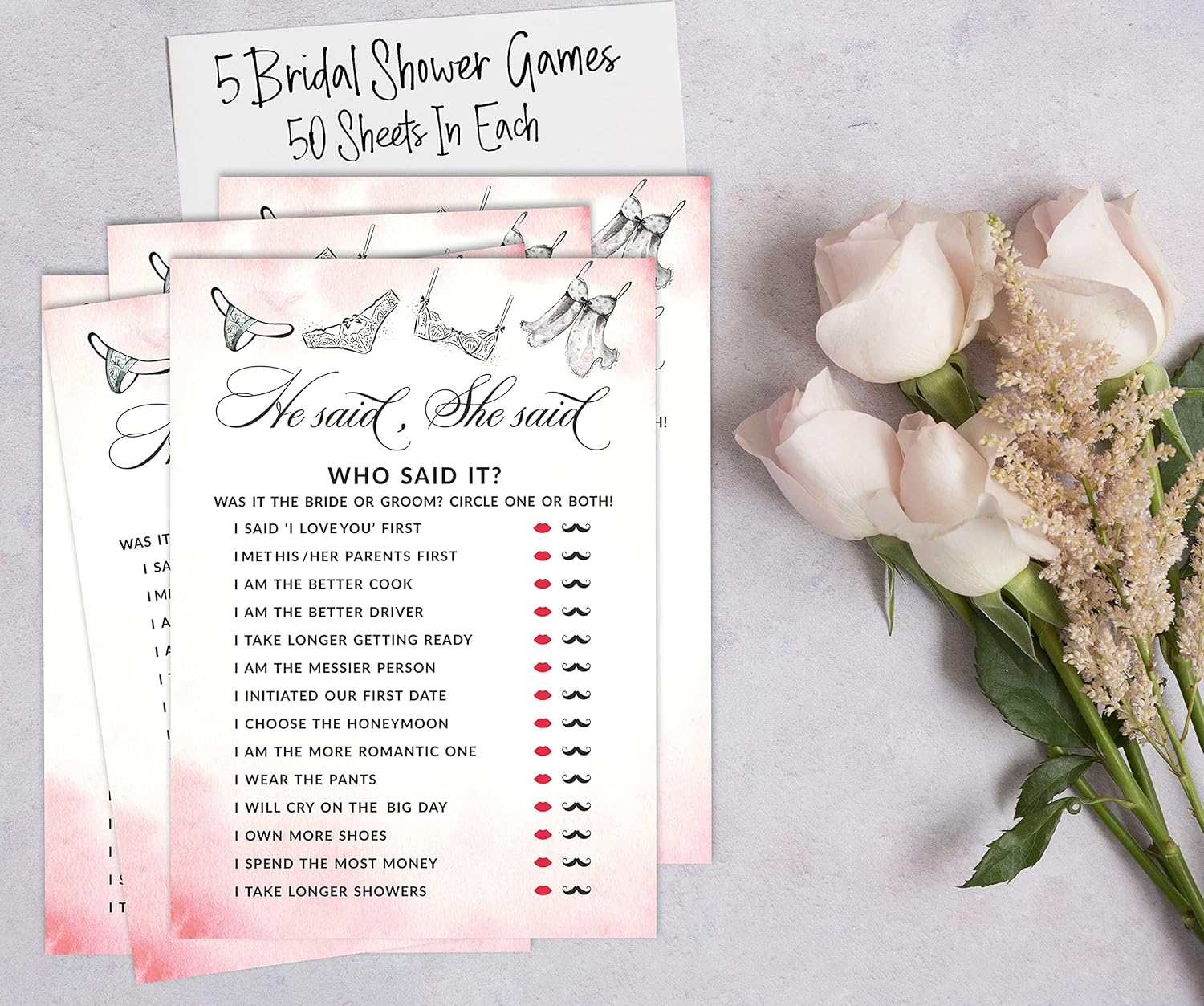 Lingerie Shower Theme Bachelorette Party Games Set of 5 (Activities for 50 Guests) Fun Bridal Shower Games Set Bundle