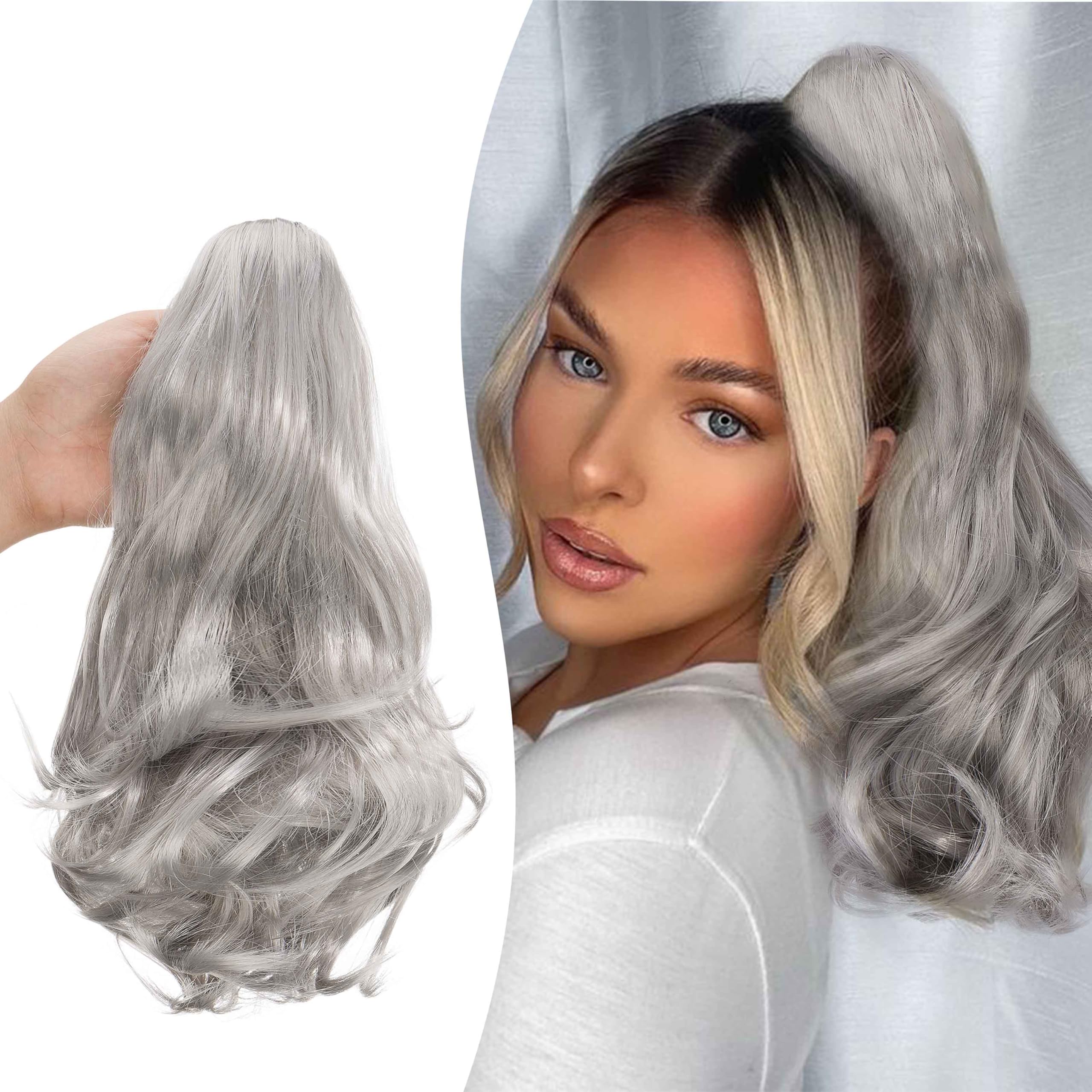 Gairyan 10" Clip in Ponytail Hair Extensions Curly Ponytail Extension Claw on Pony tails Wavy Synthetic Hairpieces for Women Real Natural Short Wave Dark Gray