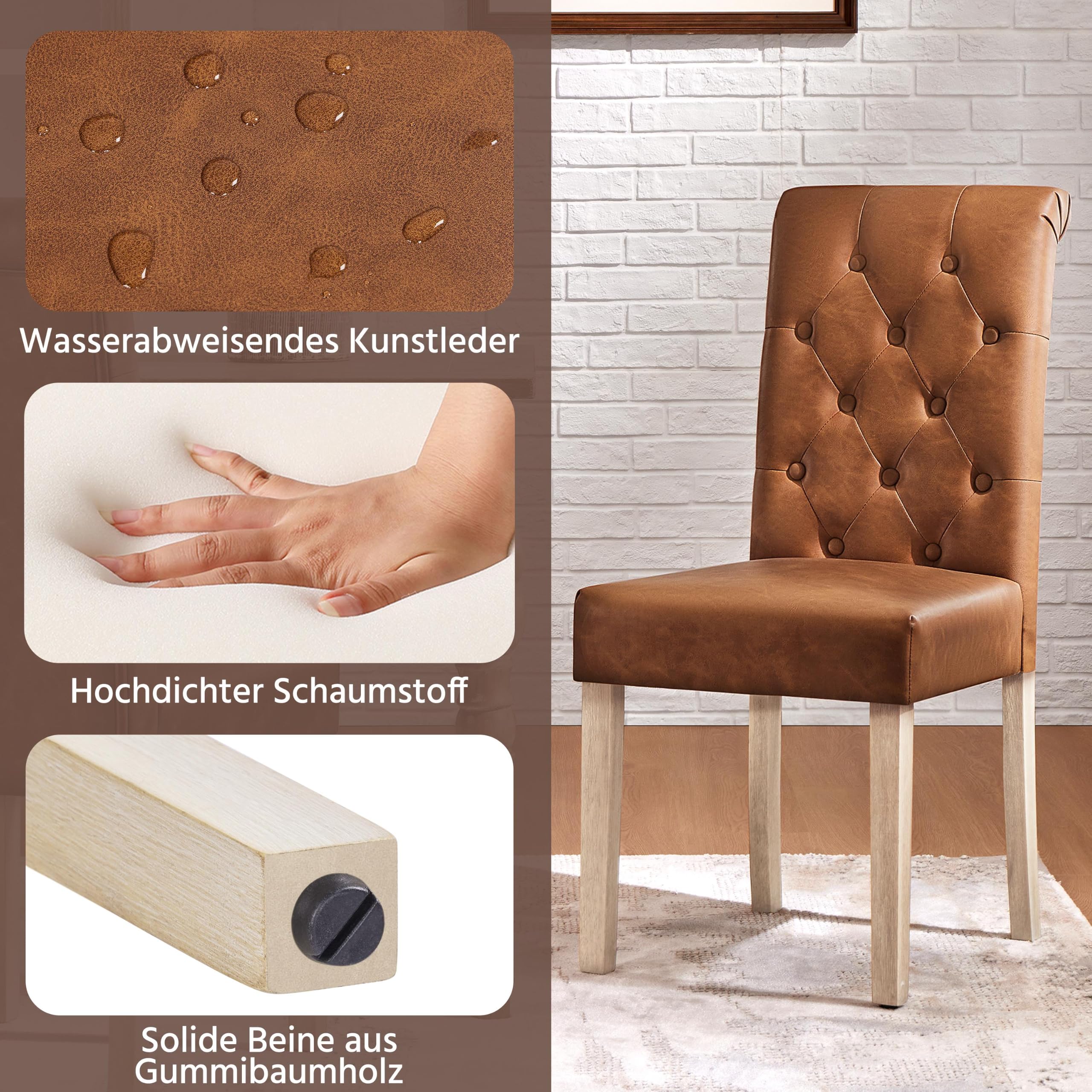 Yaheetech Set di 2 sedie da cucina con schienale alto, gambe in legno massiccio, seduta imbottita in ecopelle, colore marrone