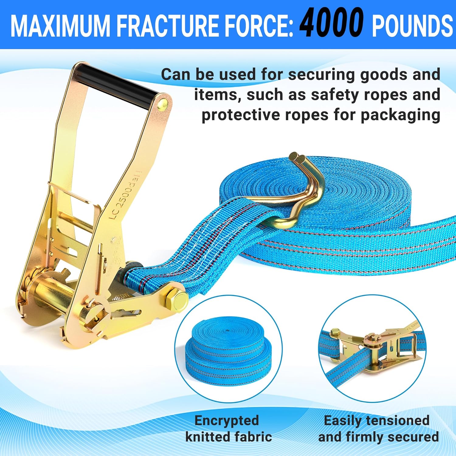 4Pack Heavy Duty Ratchet Straps, 2” 32Ft Ratchet Tie Down Strap, Tie Down Ratcheting with Double J Hook, 4000 LB Break Strength Cargo Straps Ratcheting for Moving Cargo, Lawn Equipment and Motorcycles - Image 4