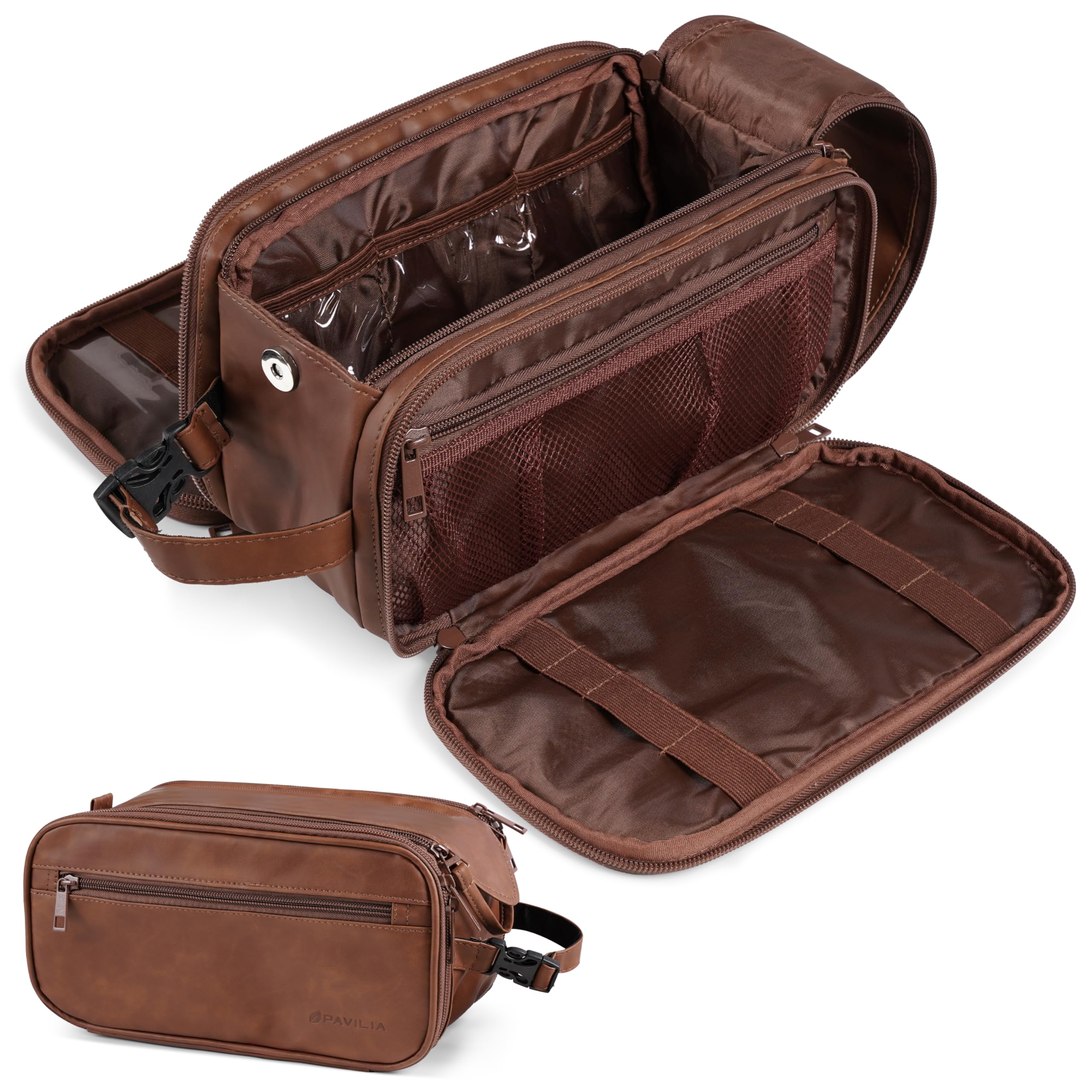 PAVILIA Large Toiletry Bag for Men Women, Mens Travel Bag Toiletries Organizer Case for Grooming, Travel Essentials Shaving Dopp Kit, PU Leather Water