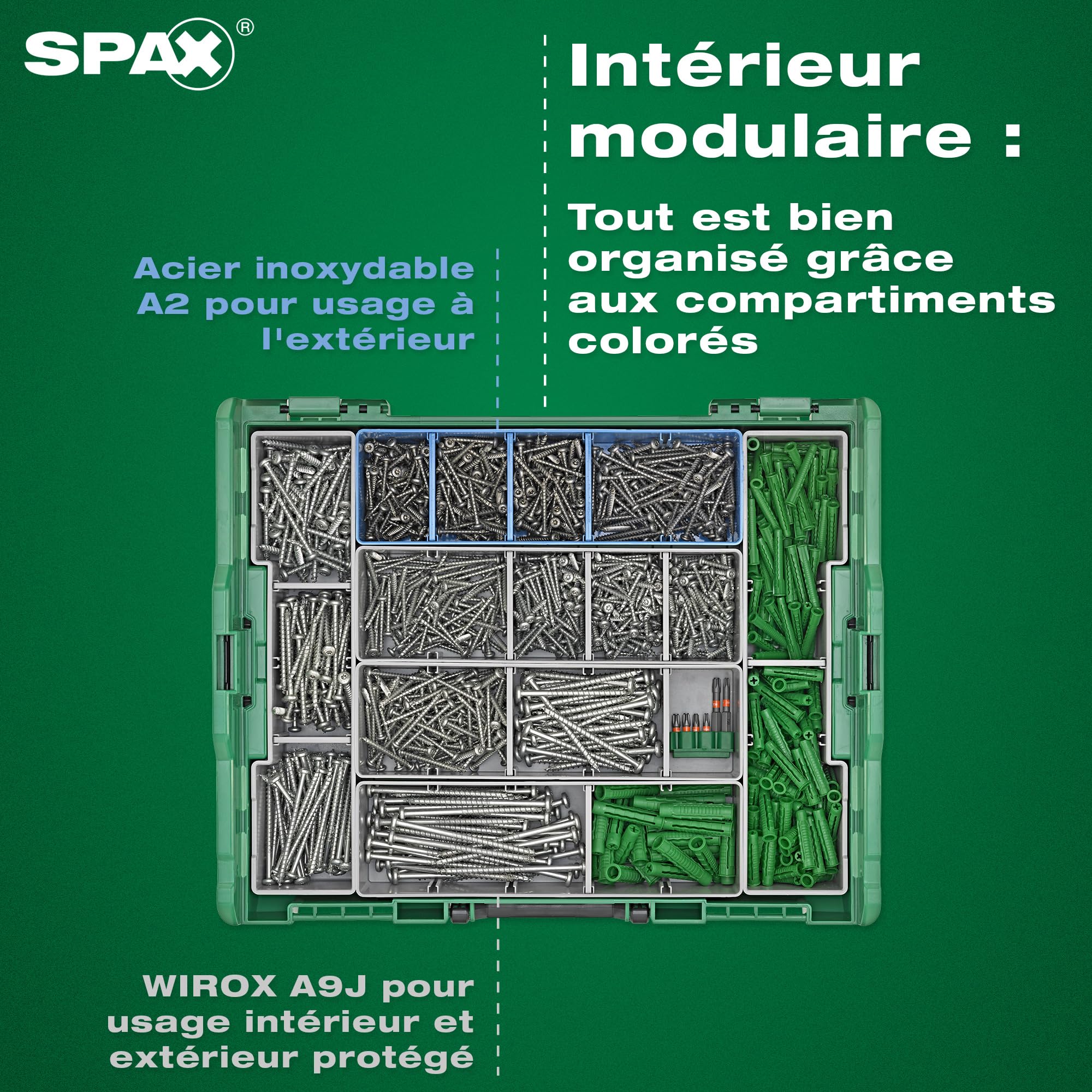 Mallette de montage SPAX pour électriciens L-BOXX grande - 1 200 vis à tête demi-ronde en 14 tailles, WIROX A9J et acier inoxydable A2, 250 chevilles, 6 embouts T-STAR plus et niveau à bulle