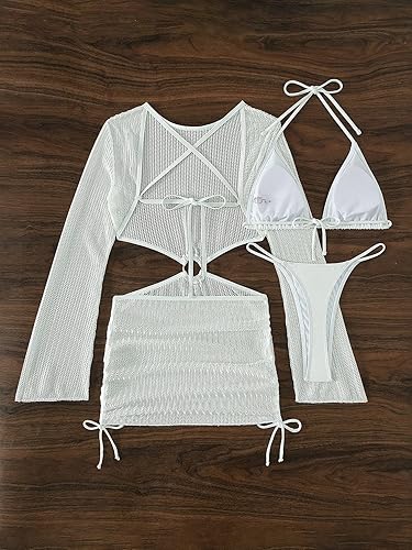 Miniatura 4 de MakeMeChic Traje de baño de 3 piezas para mujer con lazo en la espalda halter triangular tanga bikini conjunto con vestido de salida de baño