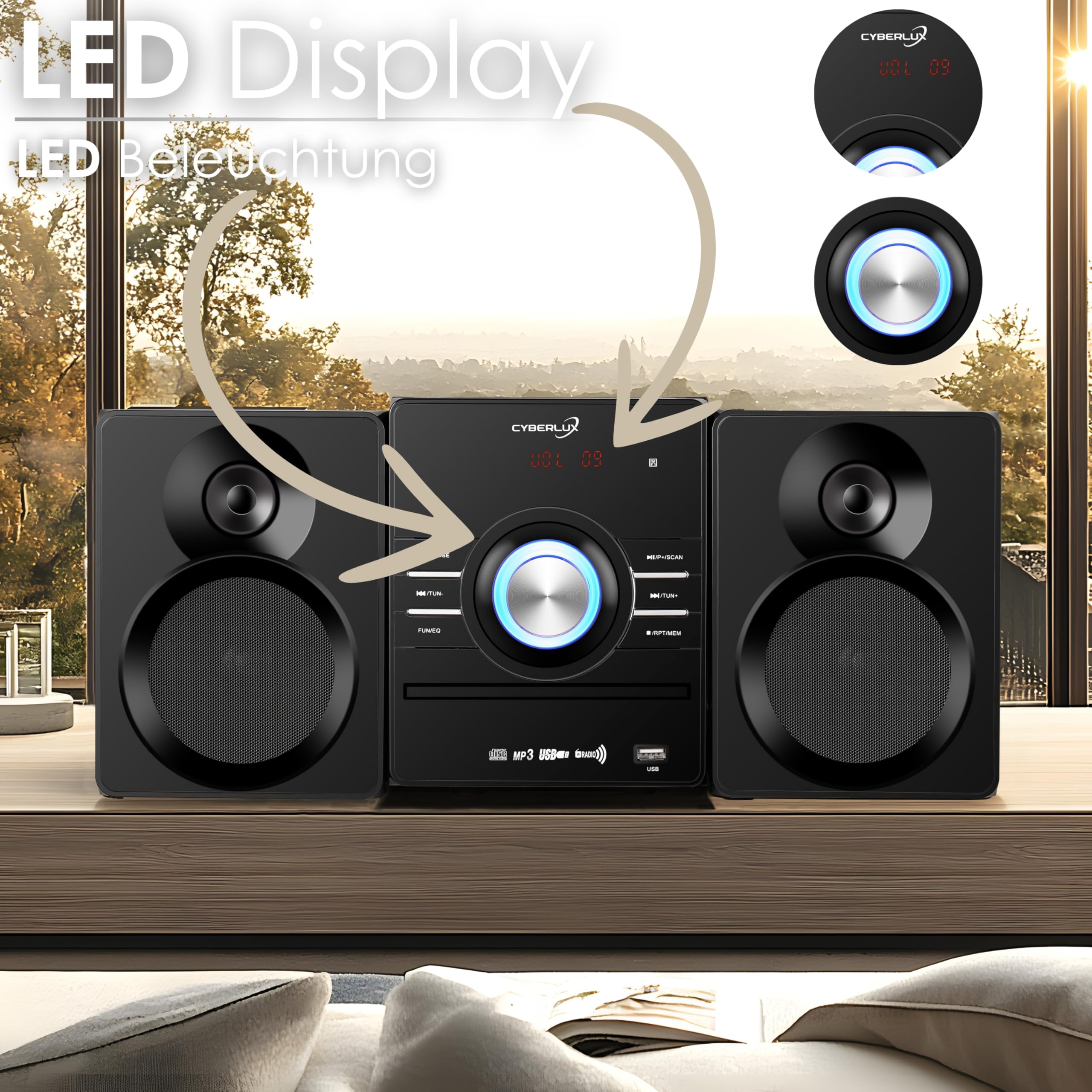 Sistema compacto HiFi estéreo Bluetooth | Mini cadena CD USB AUX FM 30 memorias LED
