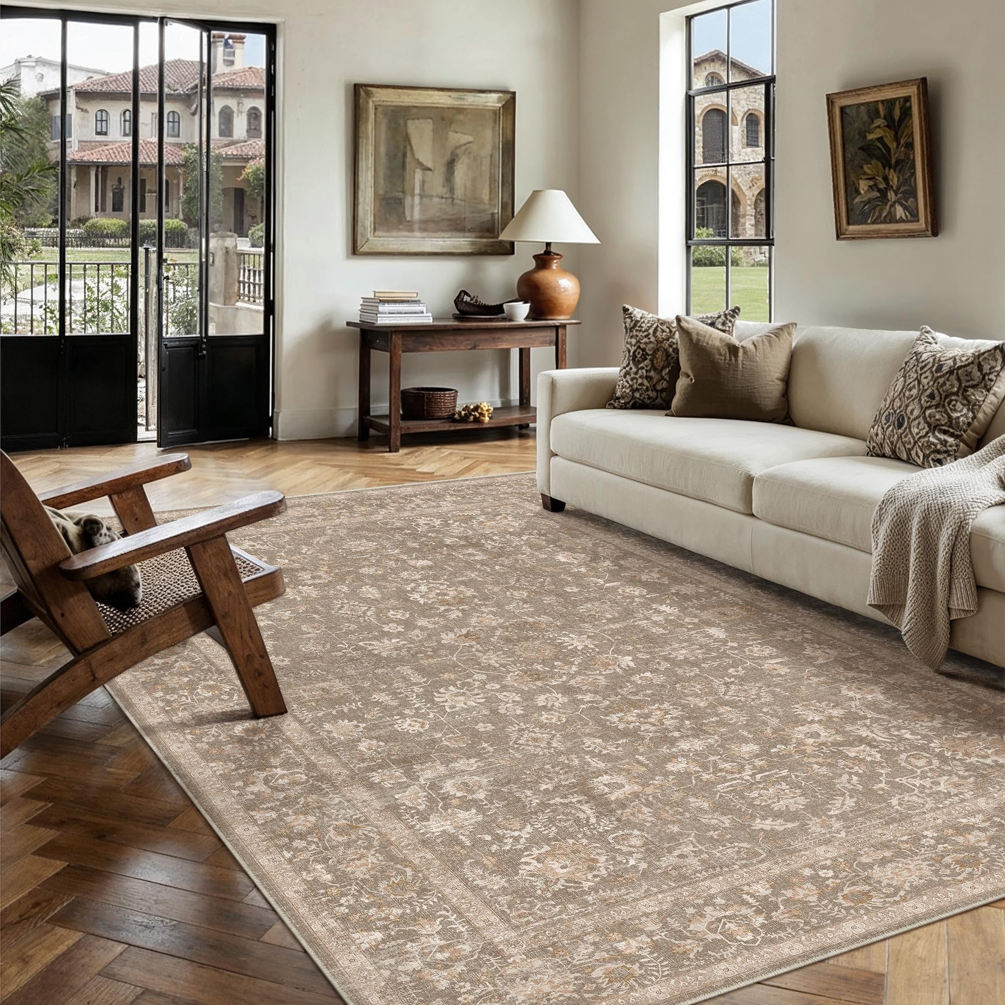PureCozy 5x7 Deep Brown Area Rug Washable Non Slip Vintage Living Room