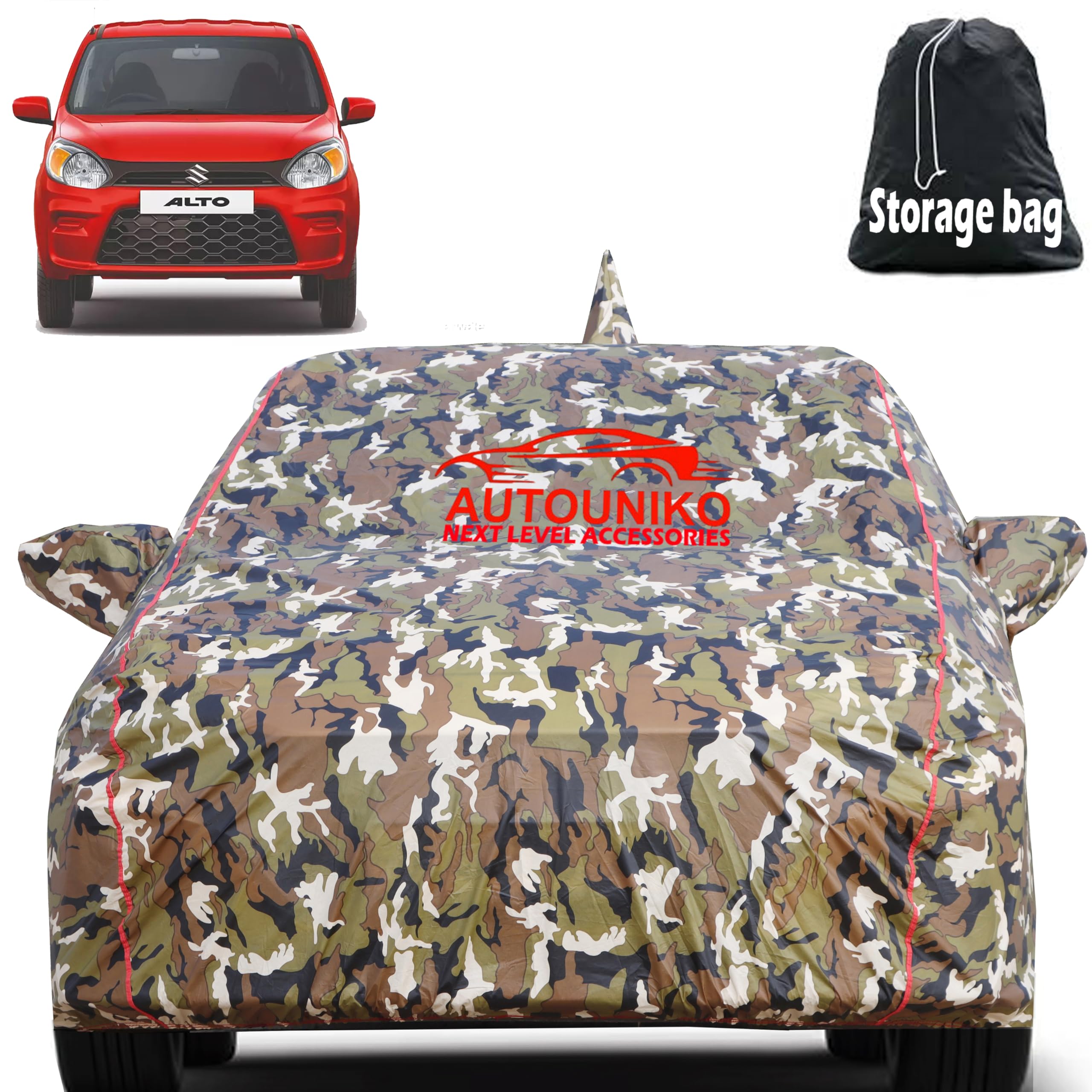 AUTOUNIKO Waterproof Car Body Cover for Maruti Suzuki Alto 800 with Mirror and Antenna Pocket and Soft Cotton Lining (Full Bottom Elastic Triple Stitched) (Jungle Print with Red Piping)