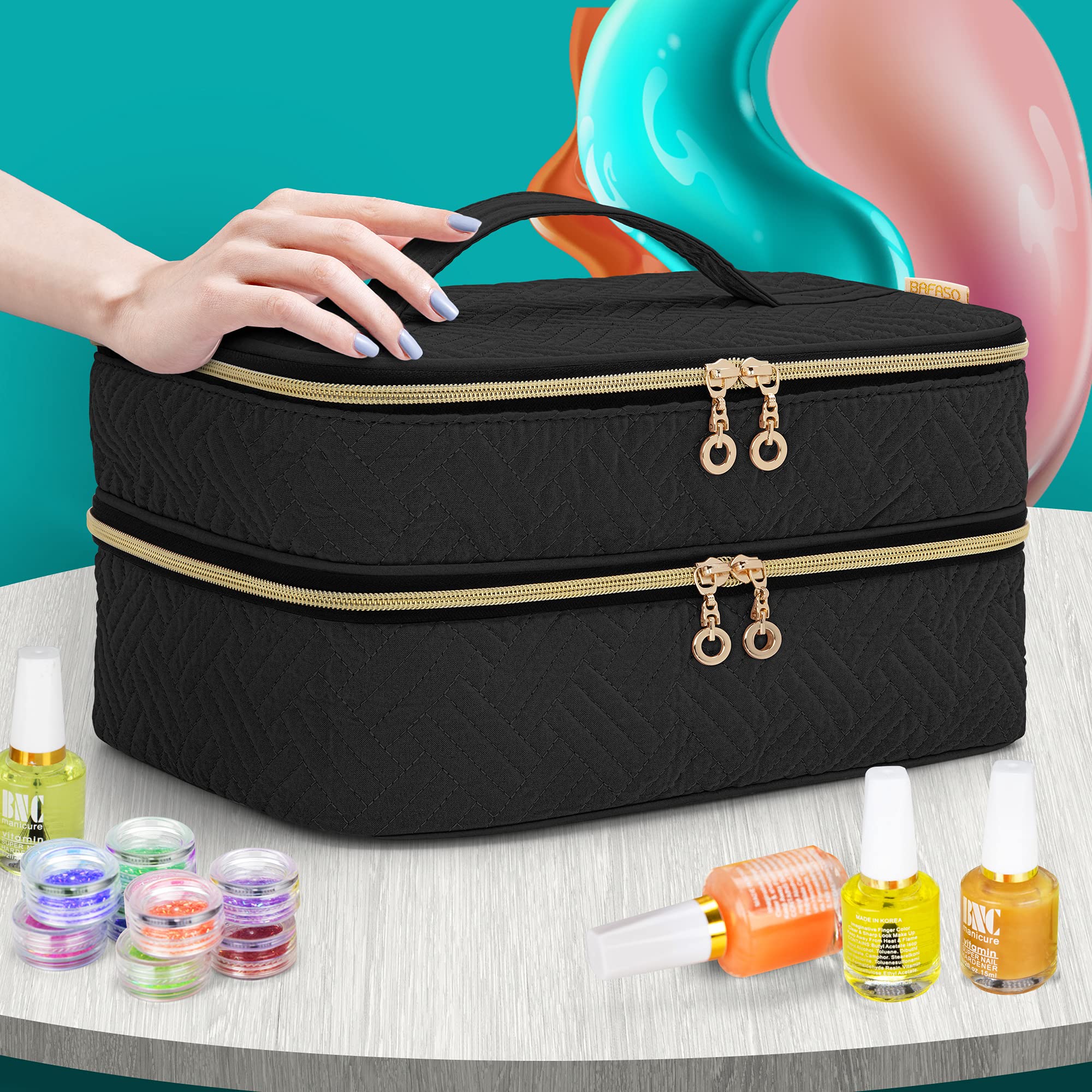 BAFASO Organizer do paznokci na 40 butelek (15 ml - 0,5 FL.oz), schowek na lakier do paznokci z sekcjami do przechowywania narzędzi do manicure, etui na lakier do paznokci, czarny, 30.5CM x 19CM x