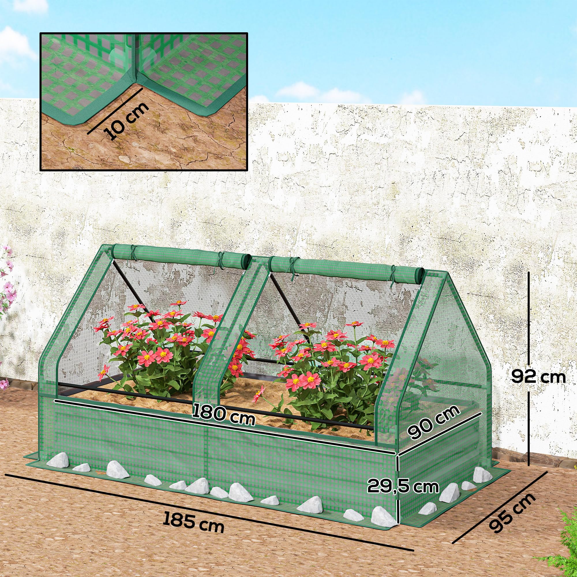 Outsunny Jardinera Exterior Grande con Mini Invernadero, Huerto Urbano de Acero Galvanizado con Base Abierta, Resistente a la Intemperie, para Patio, Terraza, Balcón, 185x95x92 cm, Gris y Verde
